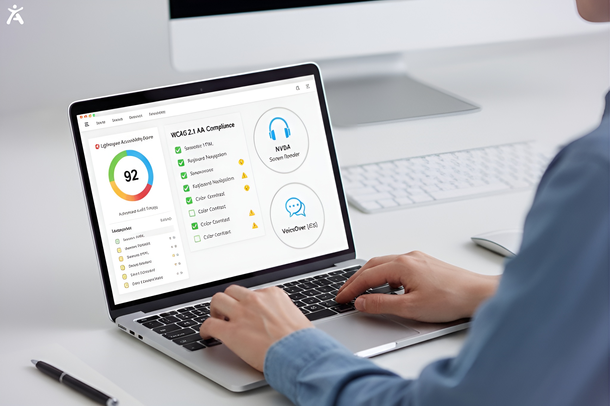 Accessibility audit dashboard showing WCAG 2.1 AA compliance score, Lighthouse results, and screen reader testing tools like NVDA and VoiceOver on a laptop screen.
