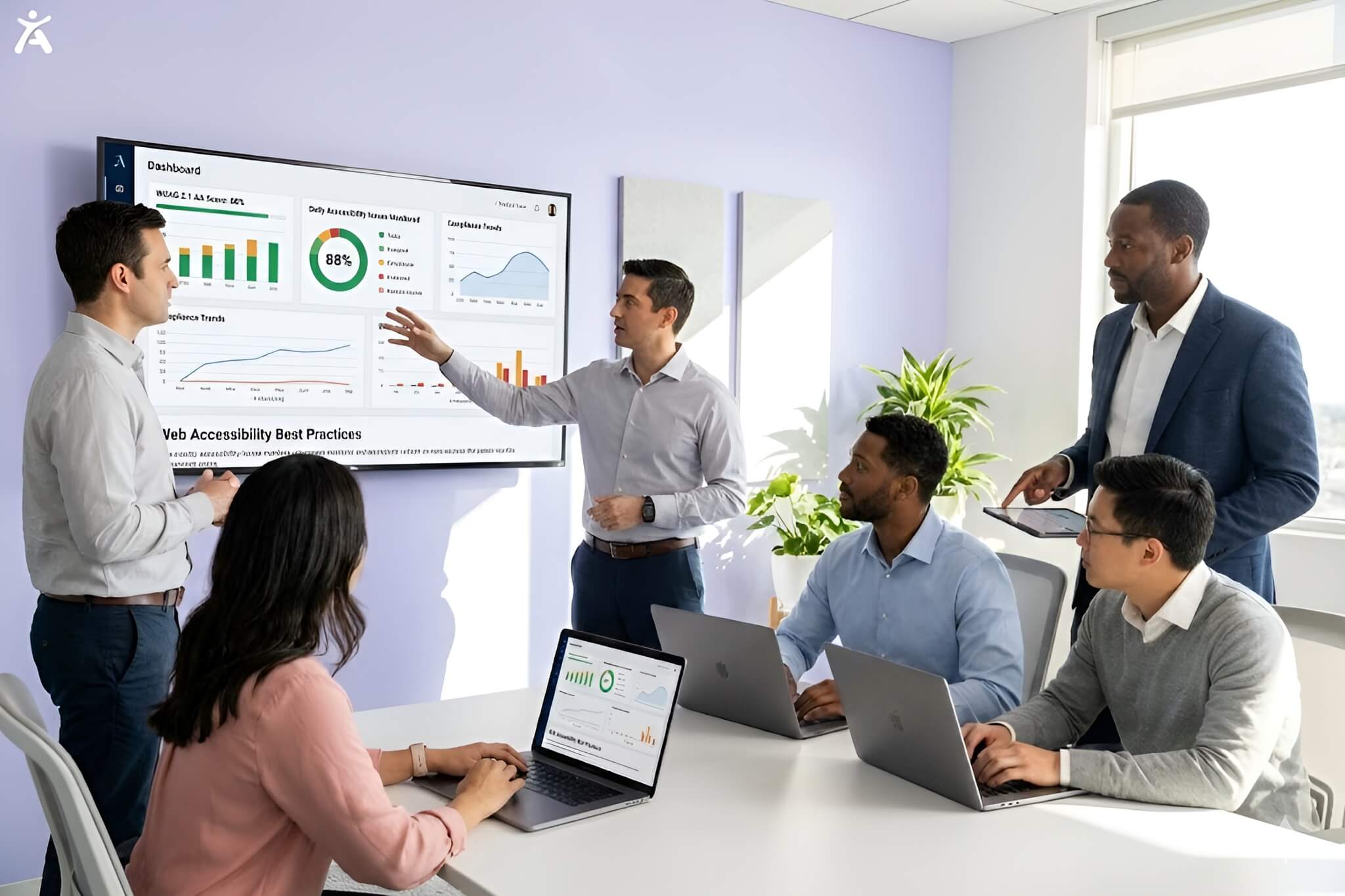 Team of professionals reviewing analytics and dashboards while discussing accessibility practices for future AI in a modern office setting.
