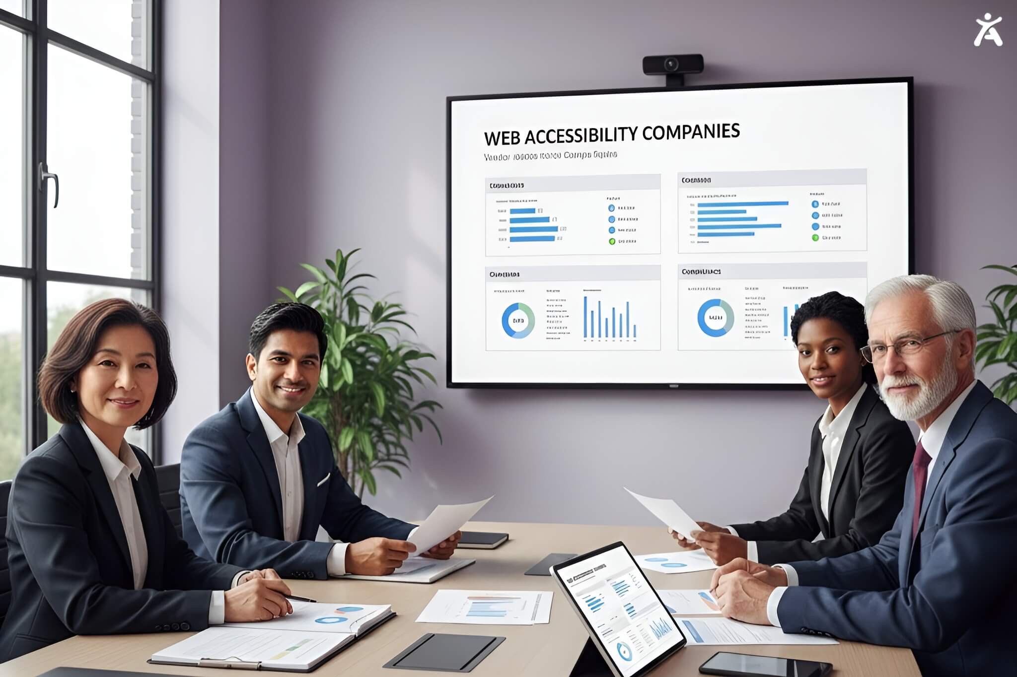 Business leaders analyzing compliance reports from accessibility companies during a digital accessibility strategy meeting.