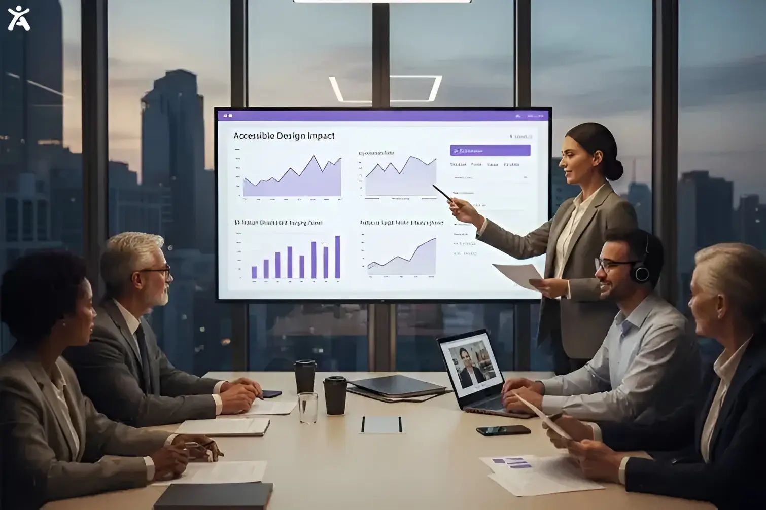 A team of professionals discussing accessibility in web design in a modern office, reviewing analytics and performance data displayed on a large screen. One person is giving a presentation, and others listen attentively, focusing on making websites more accessible.