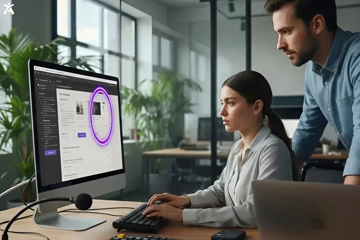 Two professionals working on a digital design project with a focus on accessibility in web design. One is concentrating on a large screen, while the other provides feedback, ensuring the design is user-friendly for all.