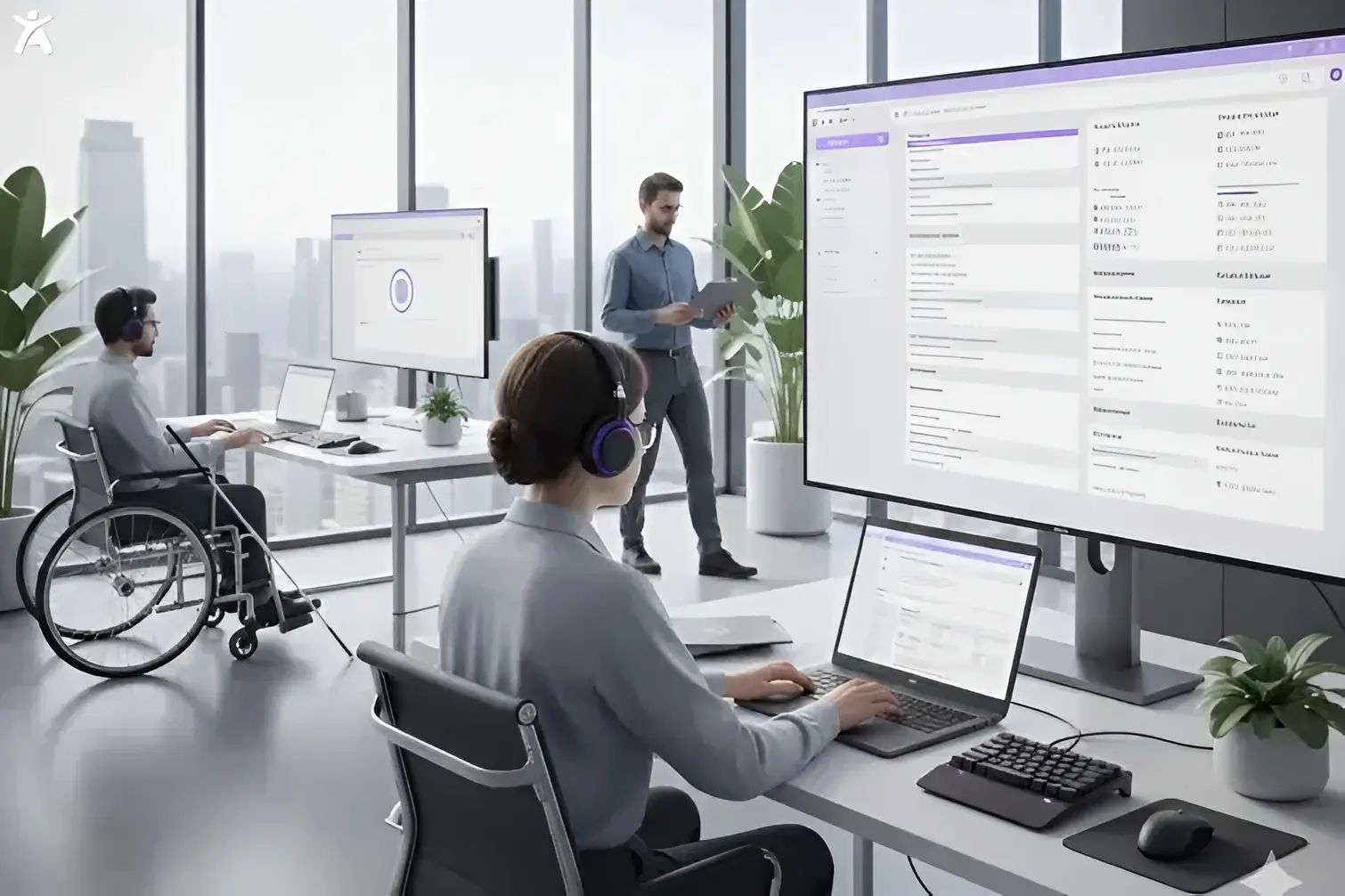 A professional working on web design accessibility in a high-tech office environment. They are analyzing content on two large screens while using a laptop, ensuring the project aligns with inclusive design standards. Another person reviews the work on a tablet, contributing to the discussion.