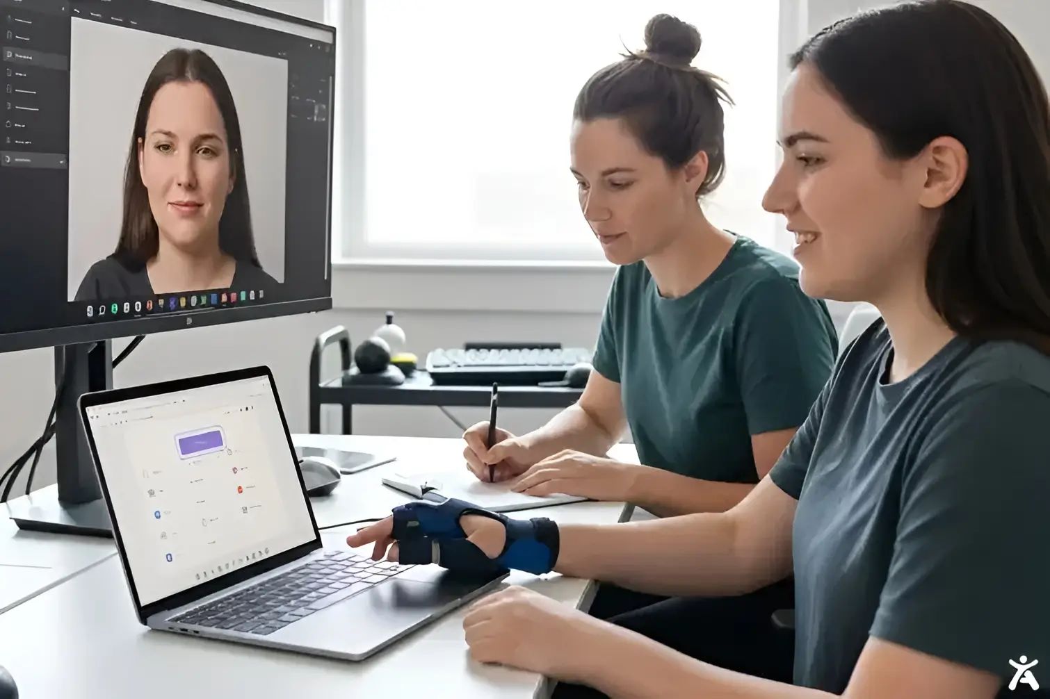 Two women working together on accessibility in web design in a creative workspace. One is using a laptop while the other sketches on paper. The screen displays a digital portrait, with a hand device visible to enhance accessibility for the user.
