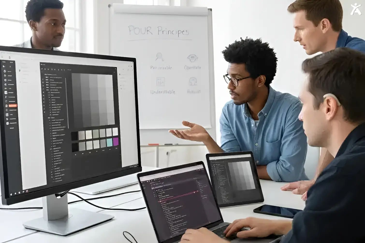 A group of diverse professionals collaborating on accessibility in web design. One person presents inclusive design principles on a large screen, while others observe and interact. Laptops are open, showcasing design tools that focus on improving accessibility.