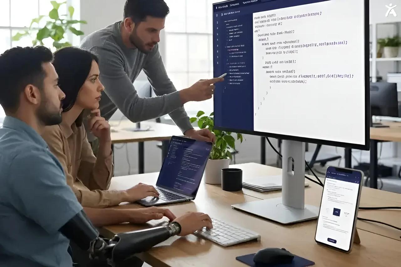 A diverse team analyzing code with WCAG examples for accessibility compliance and inclusive web development.