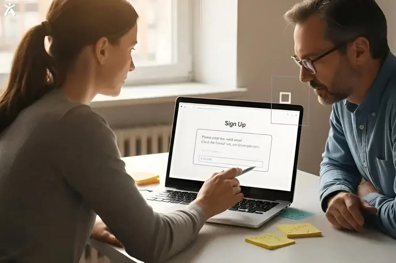 Two individuals reviewing a sign-up page on a laptop with WCAG examples for web accessibility.
