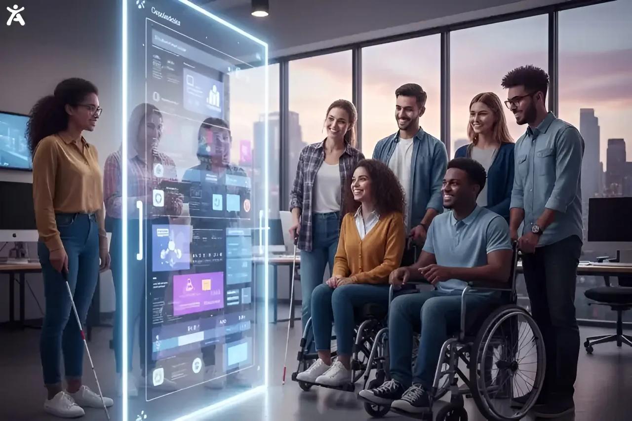 A group of people using a holographic screen, discussing WCAG examples to enhance digital accessibility for all users.