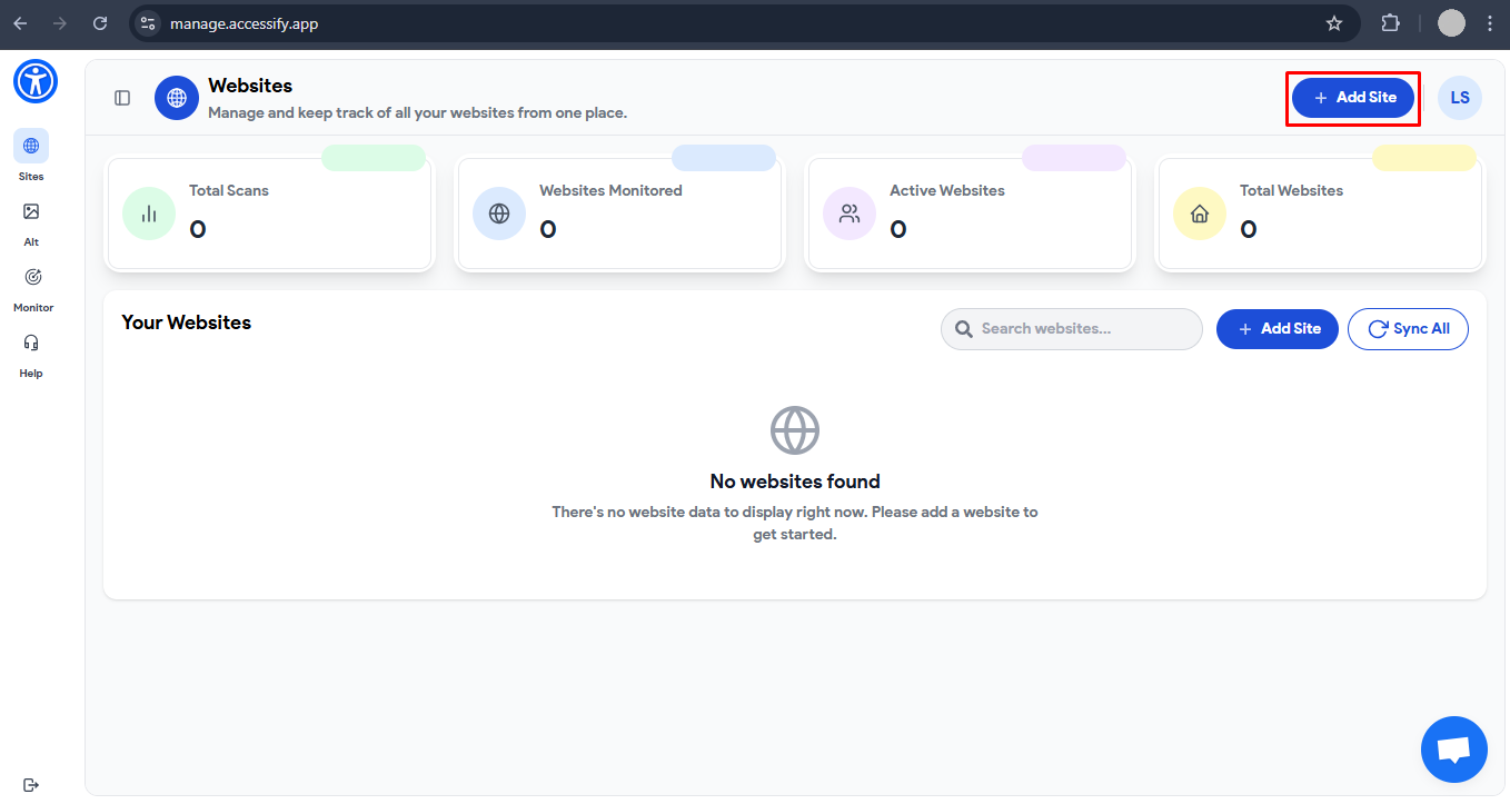 Accessify dashboard where you will add and see all of your sites.