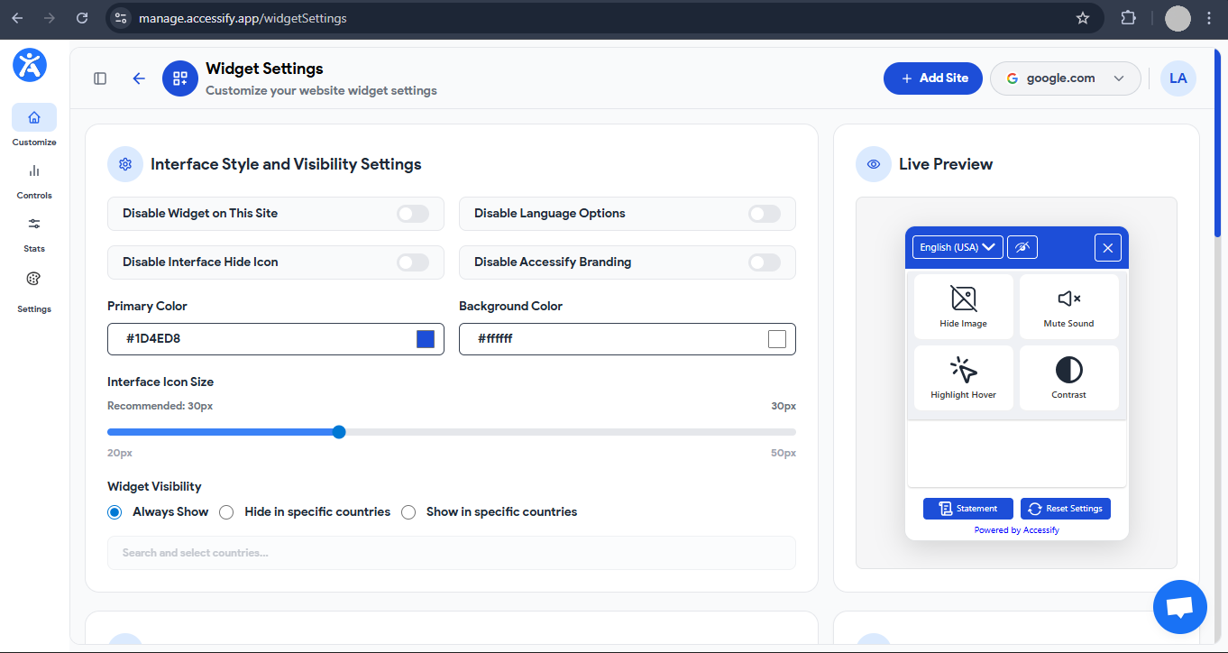 Accessify Widget Settings page displaying interface style and visibility options, including toggles to disable the widget, language options, hide icon, and branding. Color pickers for primary and background colors, icon size slider, visibility rules, and a live widget preview are shown.