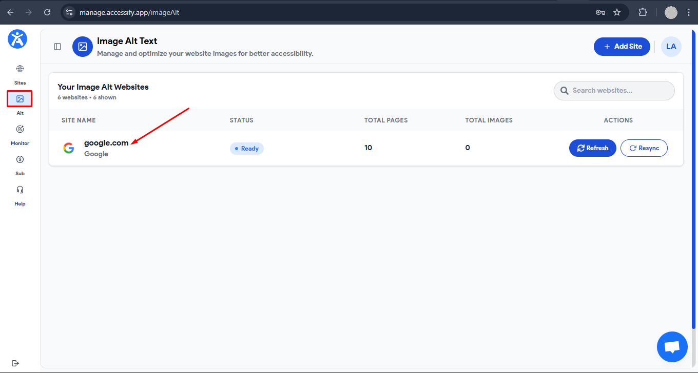 Screenshot of the Accessify dashboard showing the Image Alt Text section. A website list displays google.com with status ‘Ready,’ 10 total pages, 0 total images, and Refresh and Resync action buttons