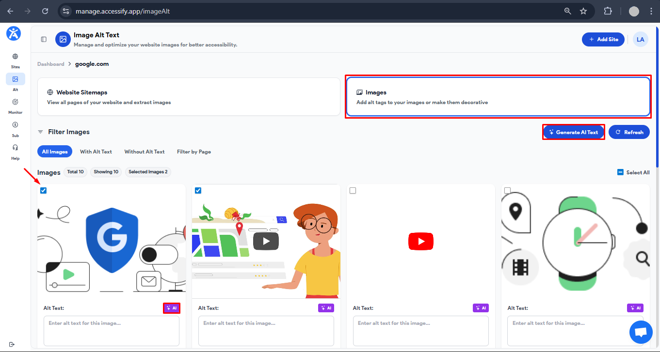 Screenshot of Accessify’s Image Alt Text dashboard for google.com showing the Images section. Filter options appear at the top, with a ‘Generate AI Text’ button. Several image thumbnails are displayed with checkboxes and empty alt text input fields.