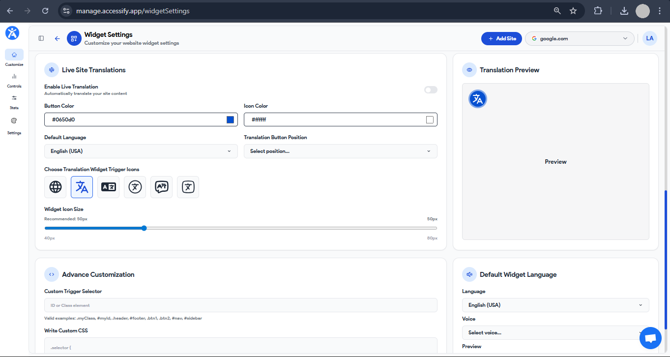 Accessify Widget Settings screen showing Live Site Translations options, including enable toggle, button and icon color pickers, default language selection, translation button position, trigger icon choices, and icon size slider, with translation preview, advanced customization, and custom CSS sections visible.