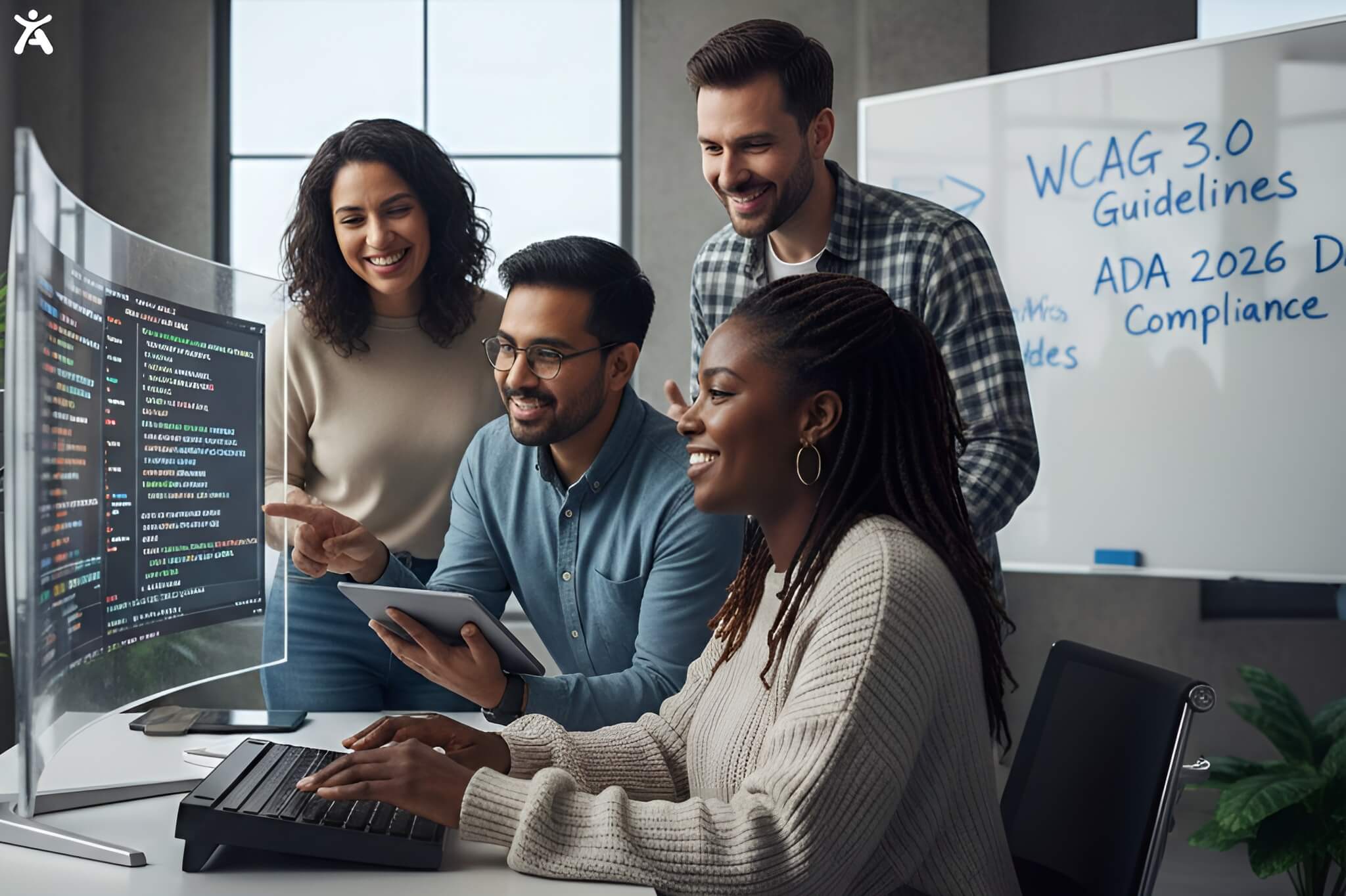 A diverse team of accessibility experts and developers collaborating on an inclusive web design project to meet 2026 compliance standards.
