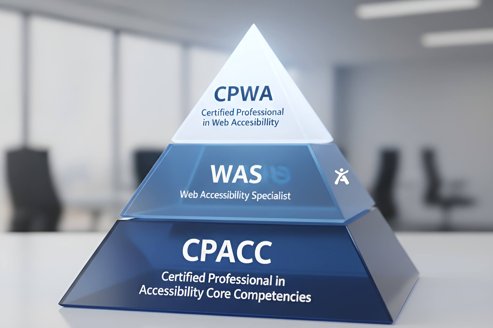 An infographic showing the IAAP web accessibility certification hierarchy from foundational CPACC to technical WAS and master-level CPWA.