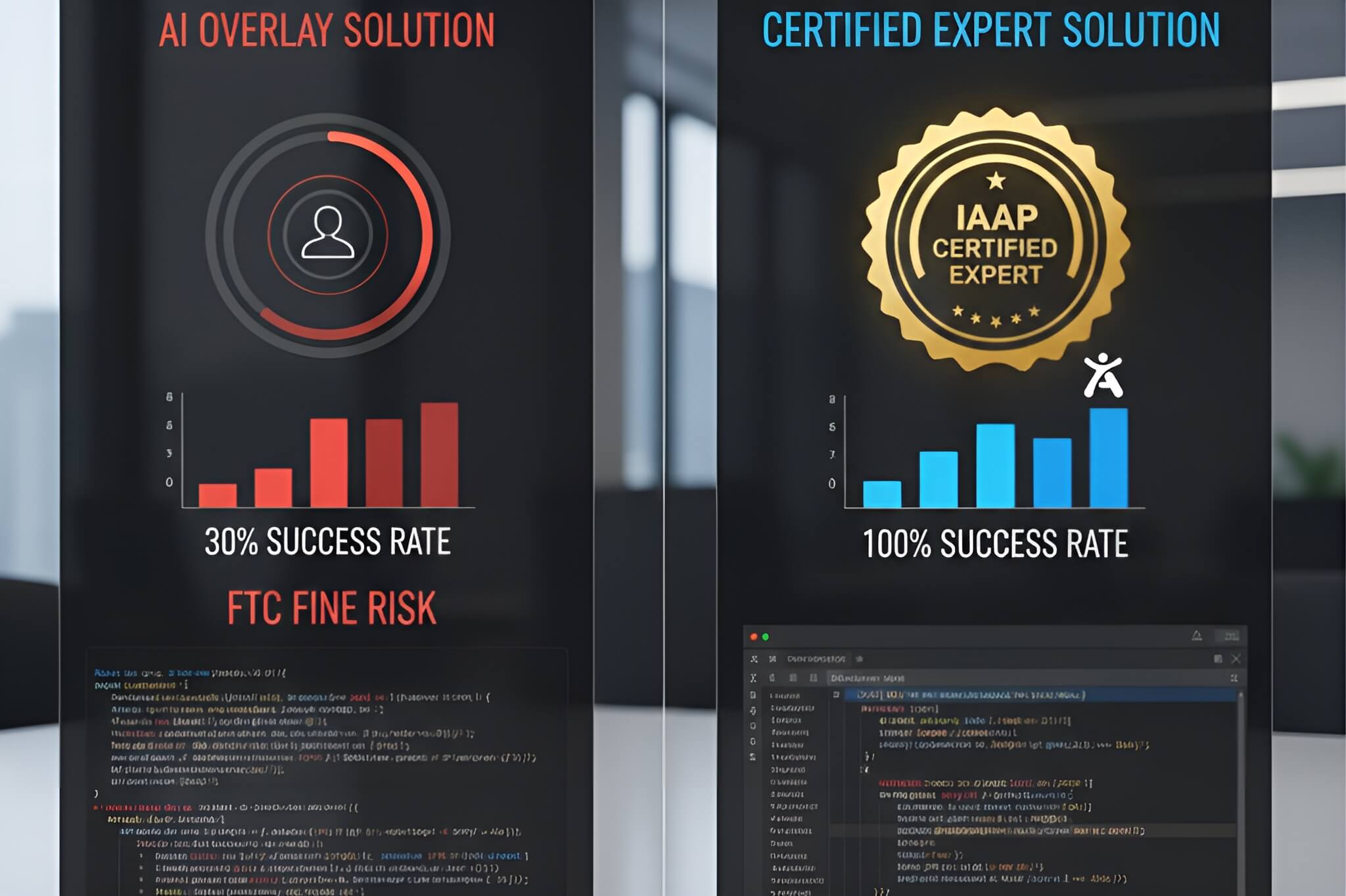 A graphic comparison showing the 100% detection benefits of certified human experts versus the legal risks and limited 30% detection of automated overlays.