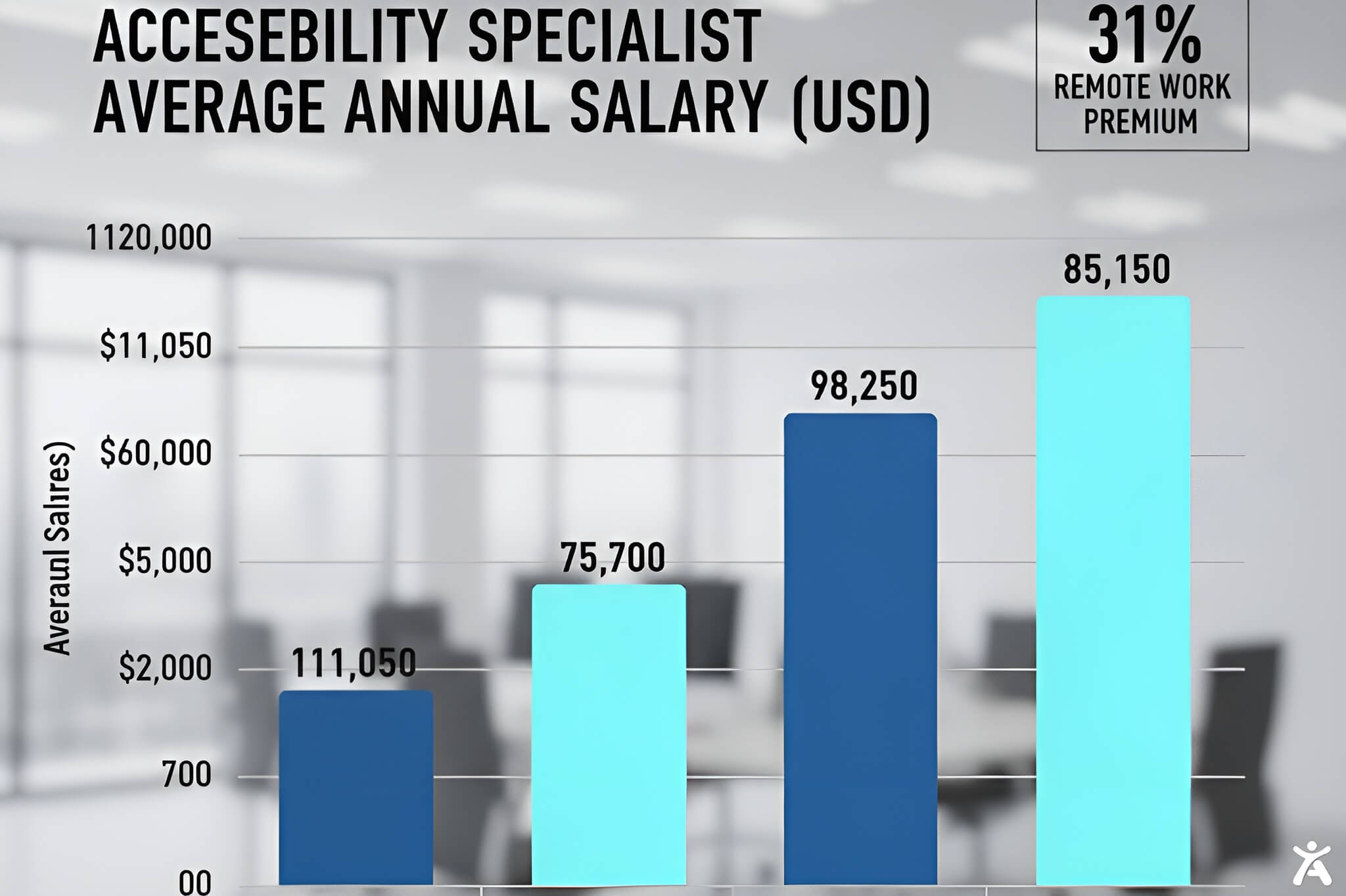 A bar chart of 2026 average salaries for accessibility professionals by region, illustrating the financial benefit of remote-first roles.