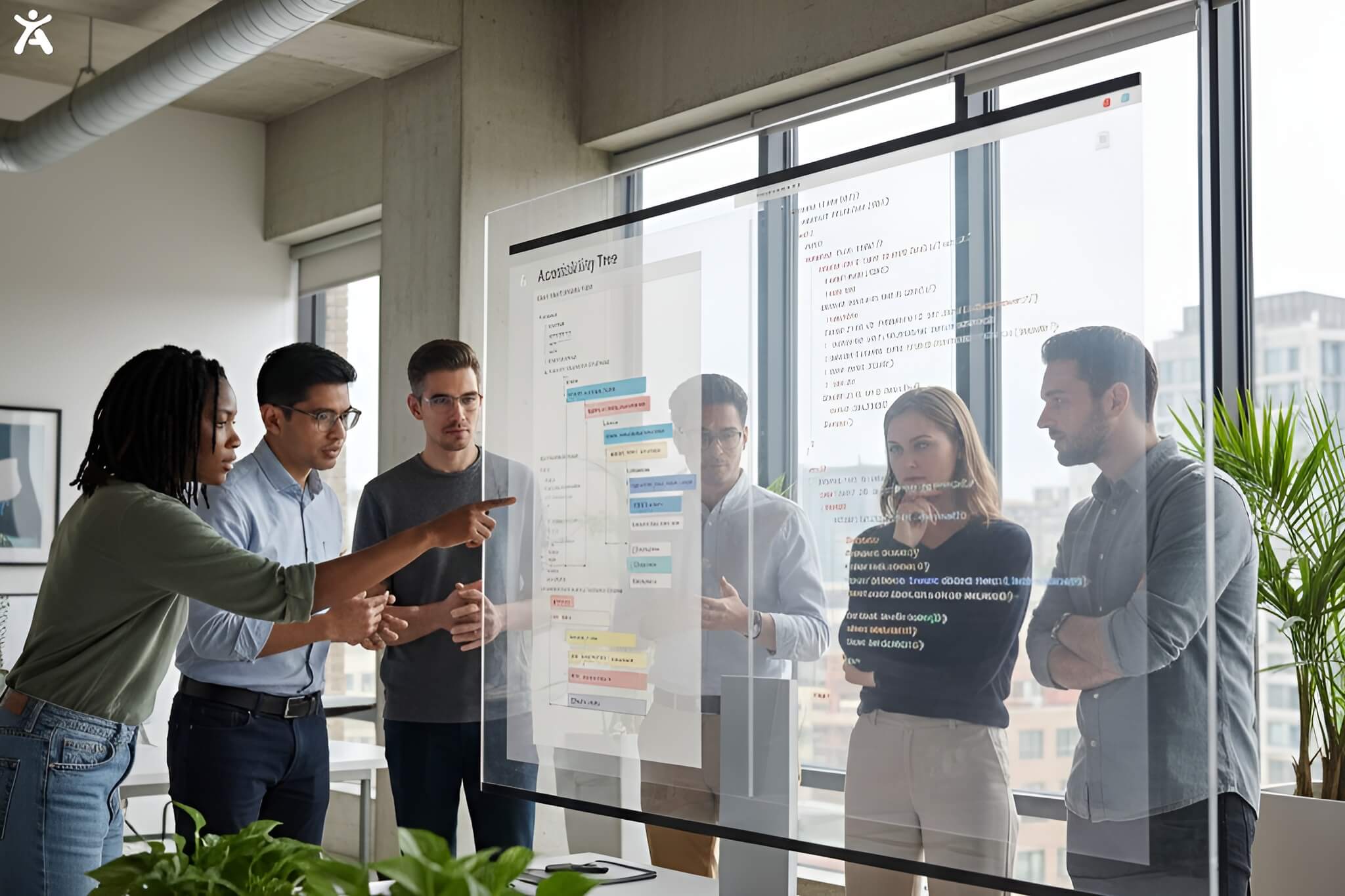 Web accessibility specialist collaborating with a development team to review semantic code and inclusive design patterns.