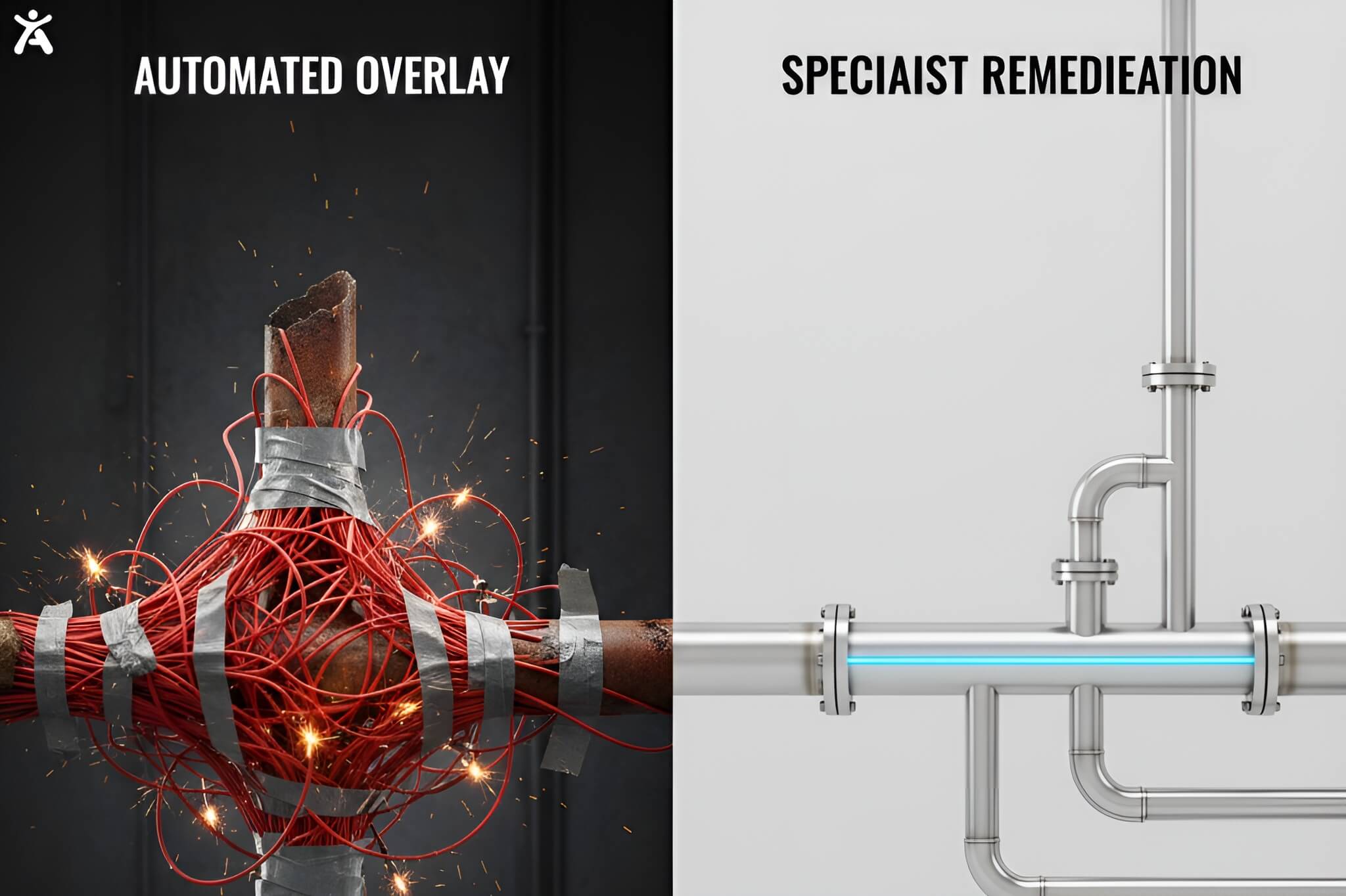 Diagram comparing superficial accessibility overlays with robust source-code remediation.
