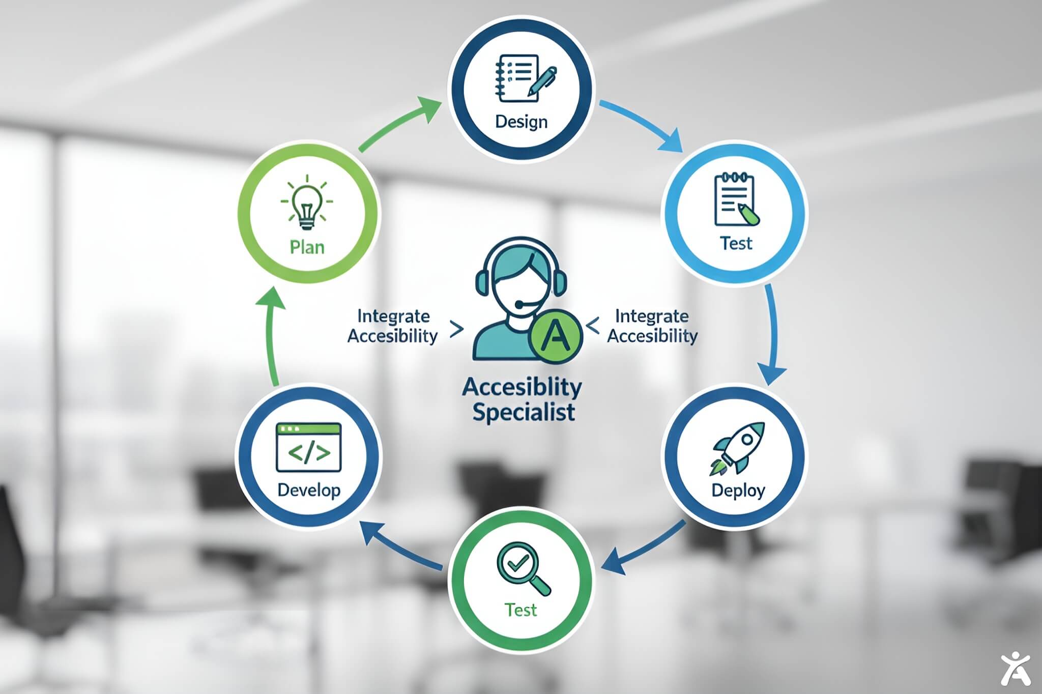 Diagram showing a web accessibility specialist integrated into every stage of the software development lifecycle to reduce technical debt.
