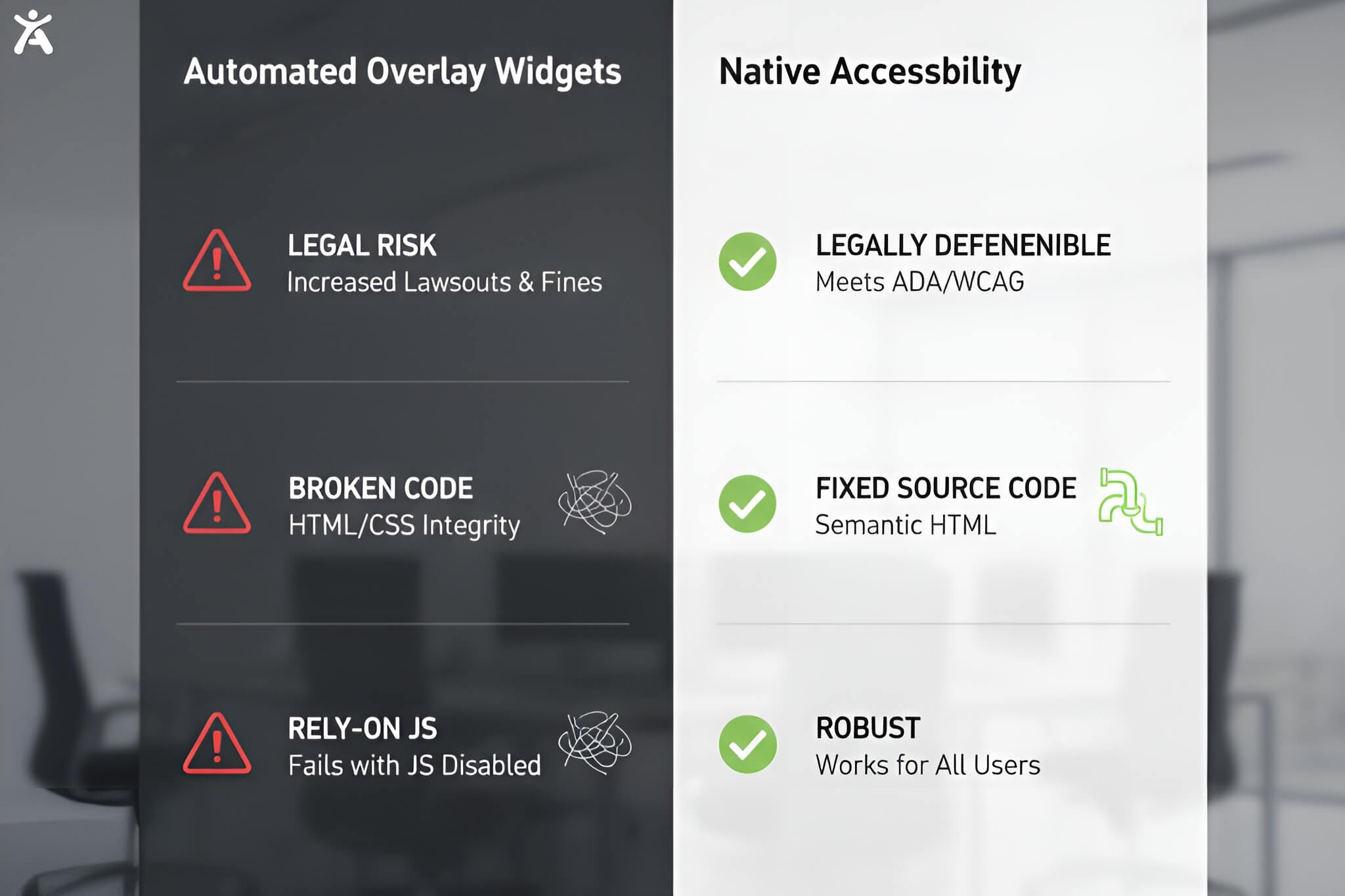 A comparison table contrasting the high legal risks of accessibility overlays with the long-term security of native code remediation.