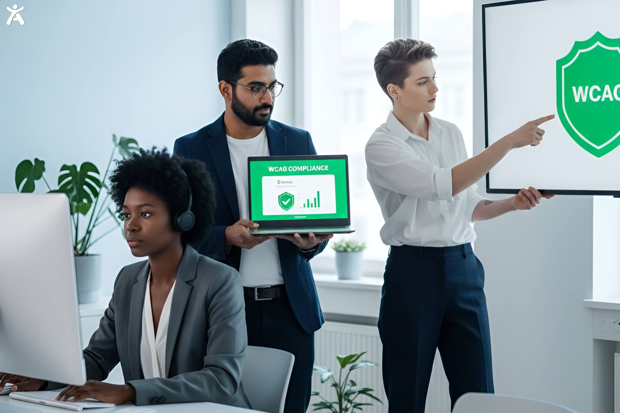 A diverse professional team presenting a WCAG compliance report on a laptop and digital whiteboard.
