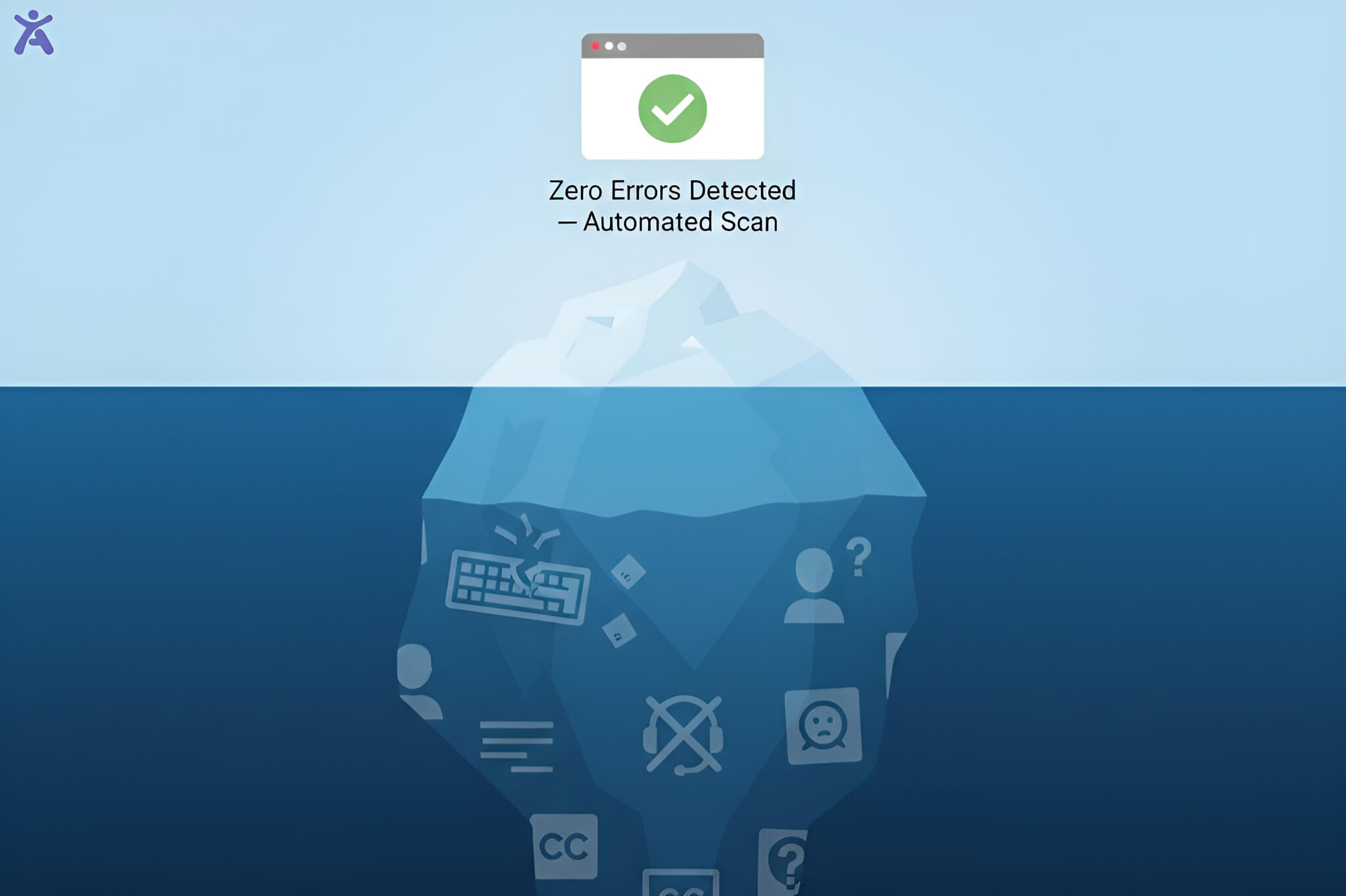 Iceberg illustration showing automated accessibility scans catching only surface errors while manual and UX issues remain hidden underwater.