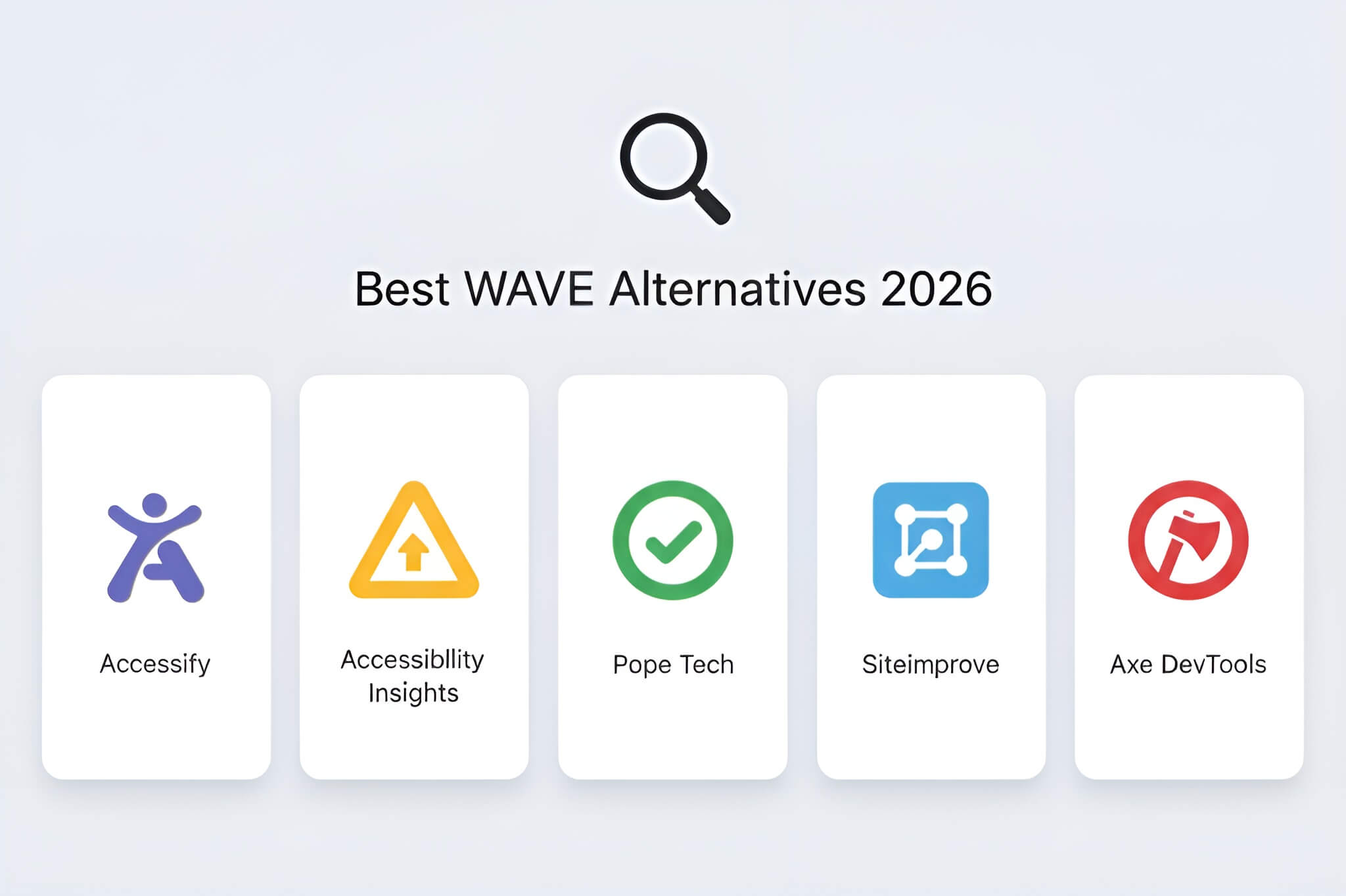 Comparison of web accessibility testing tools: Accessify, Accessibility Insights, Pope Tech, Siteimprove, and Axe DevTools.