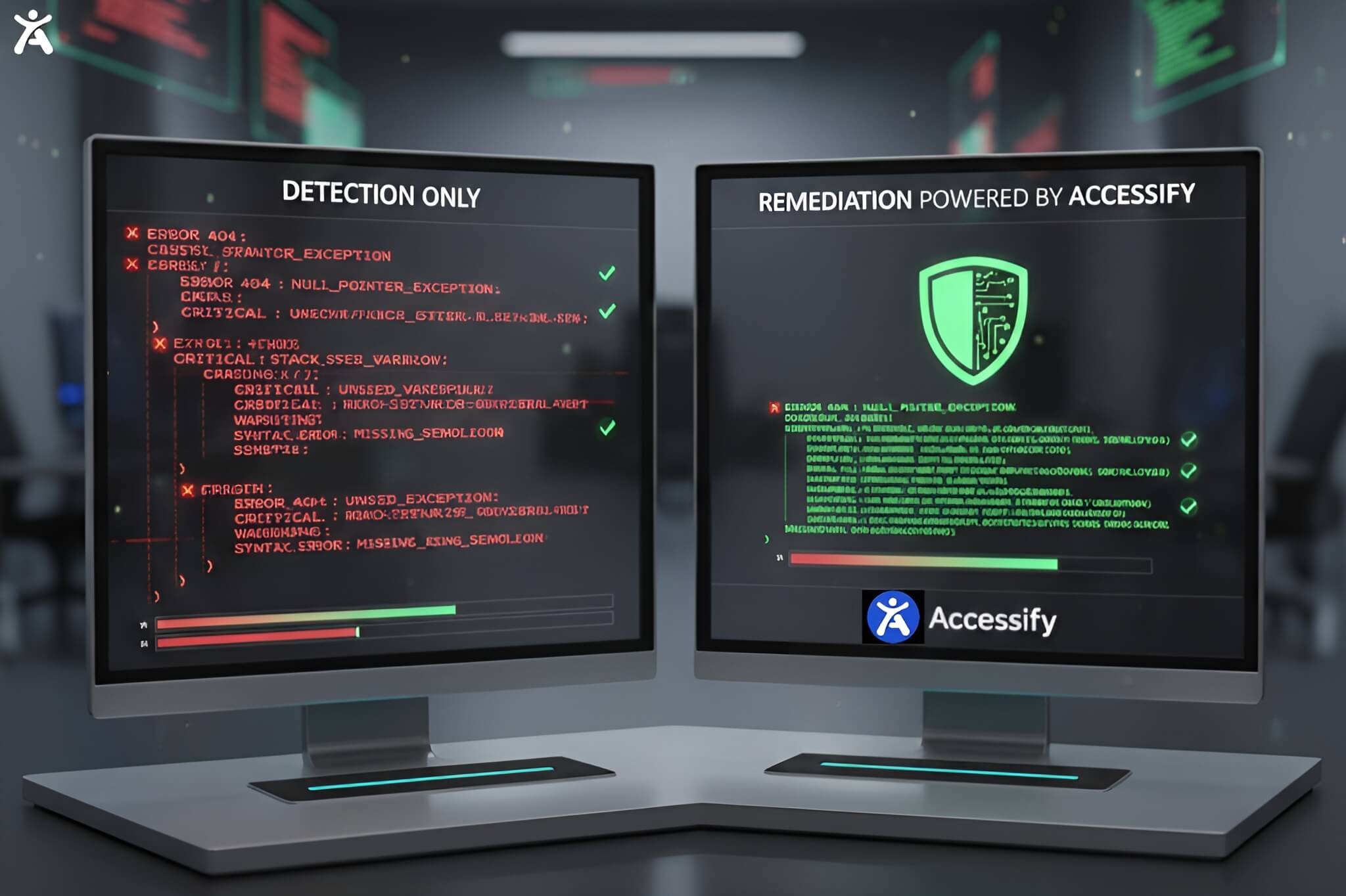 A split-screen comparison showing the difference between an accessibility detection tool with a list of errors and an AI remediation platform automatically fixing them.