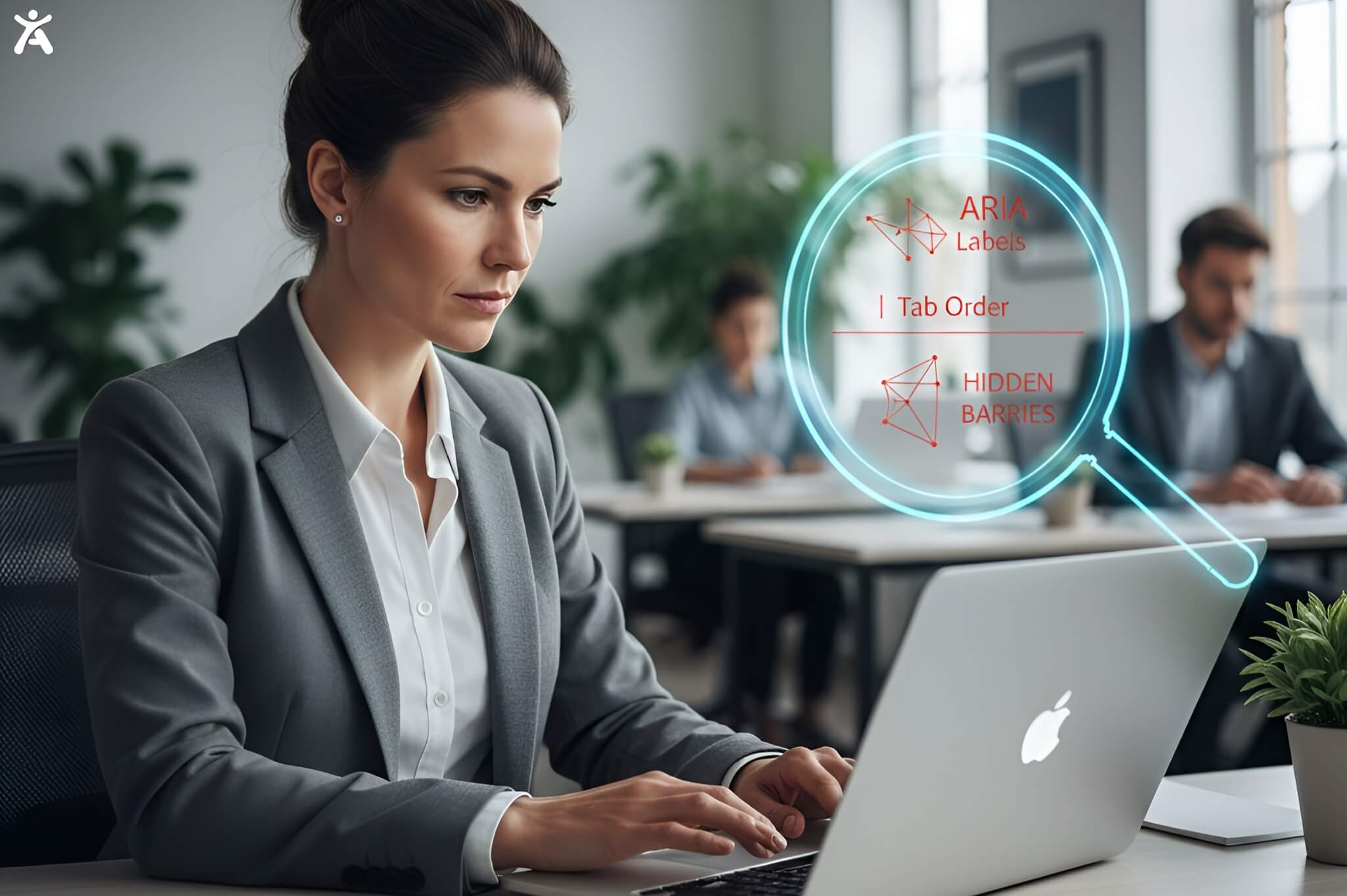 A developer using an accessibility audit tool to uncover hidden WCAG barriers like ARIA labels and keyboard navigation issues.