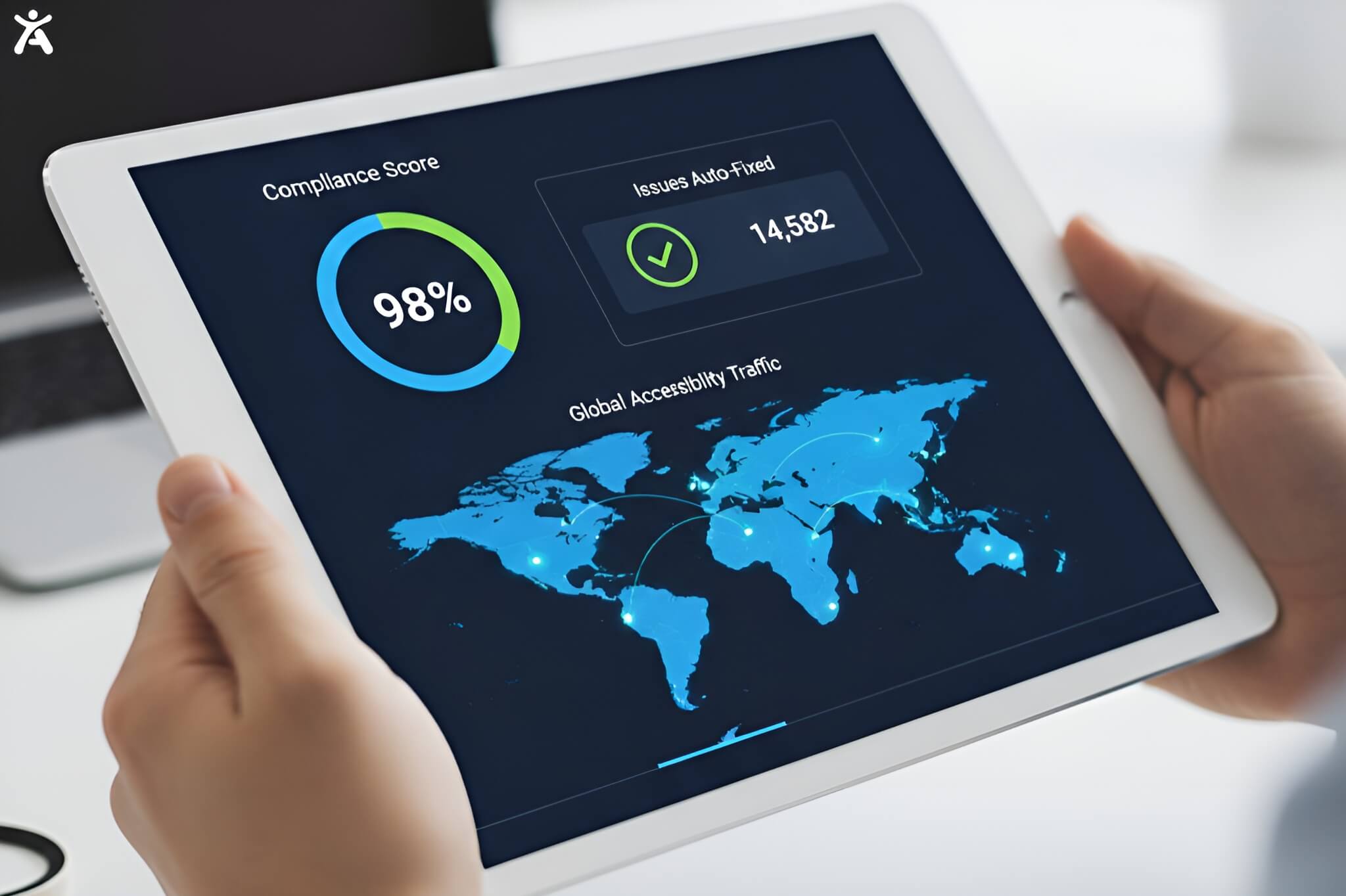 A real-time accessibility monitoring dashboard showing compliance scores and the number of issues automatically resolved by AI.