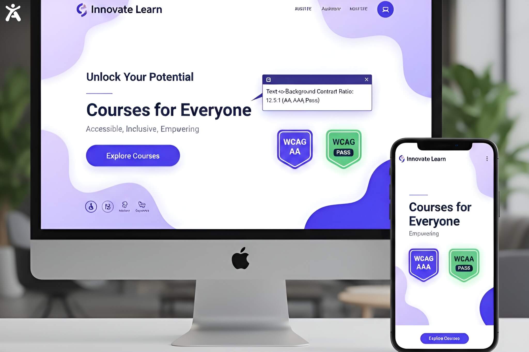 High-contrast website design tested with a web accessibility contrast checker, showing WCAG-compliant text on desktop and mobile screens.