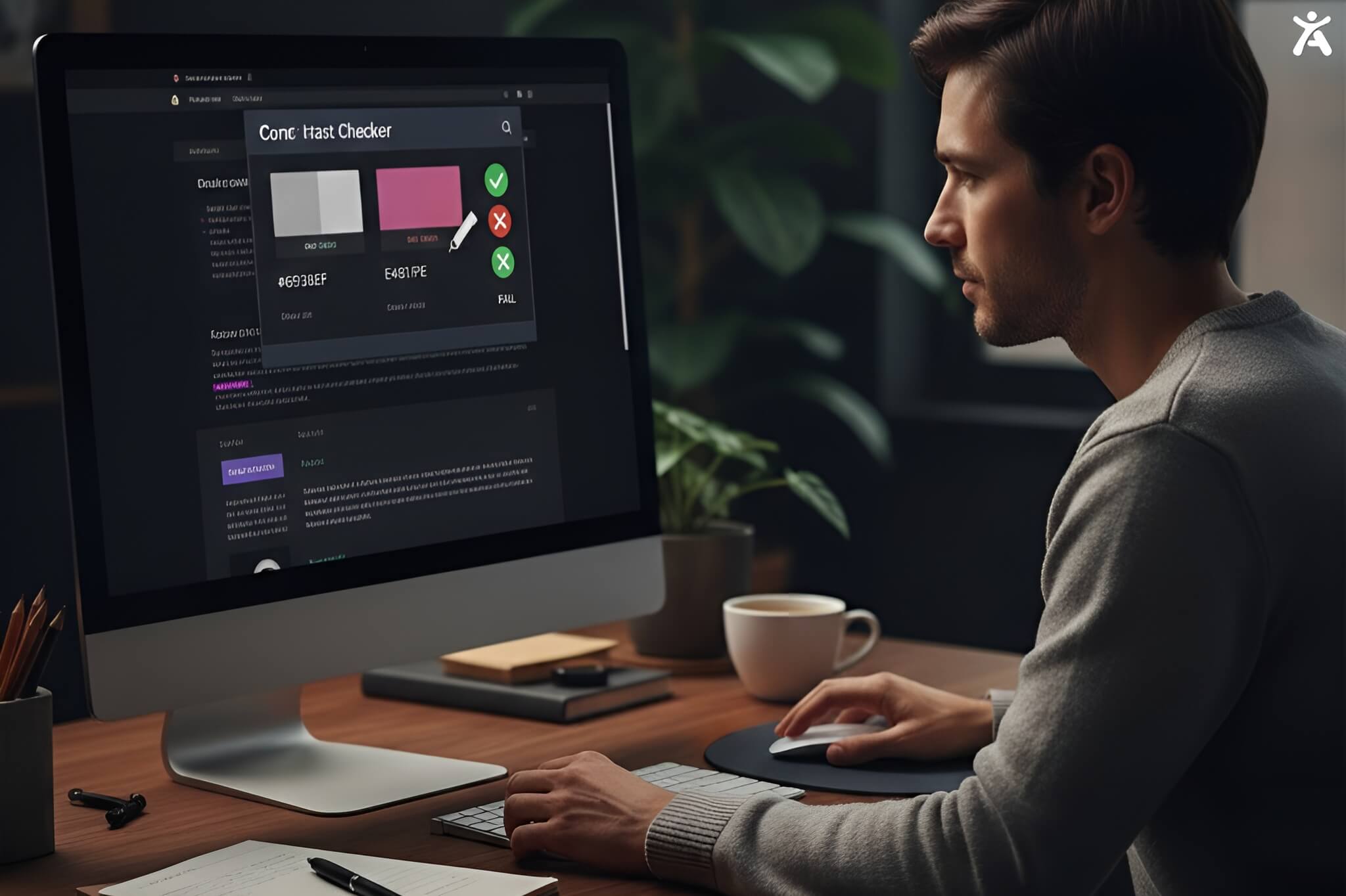 Designer testing text and background colors using a web accessibility contrast checker to meet WCAG guidelines.
