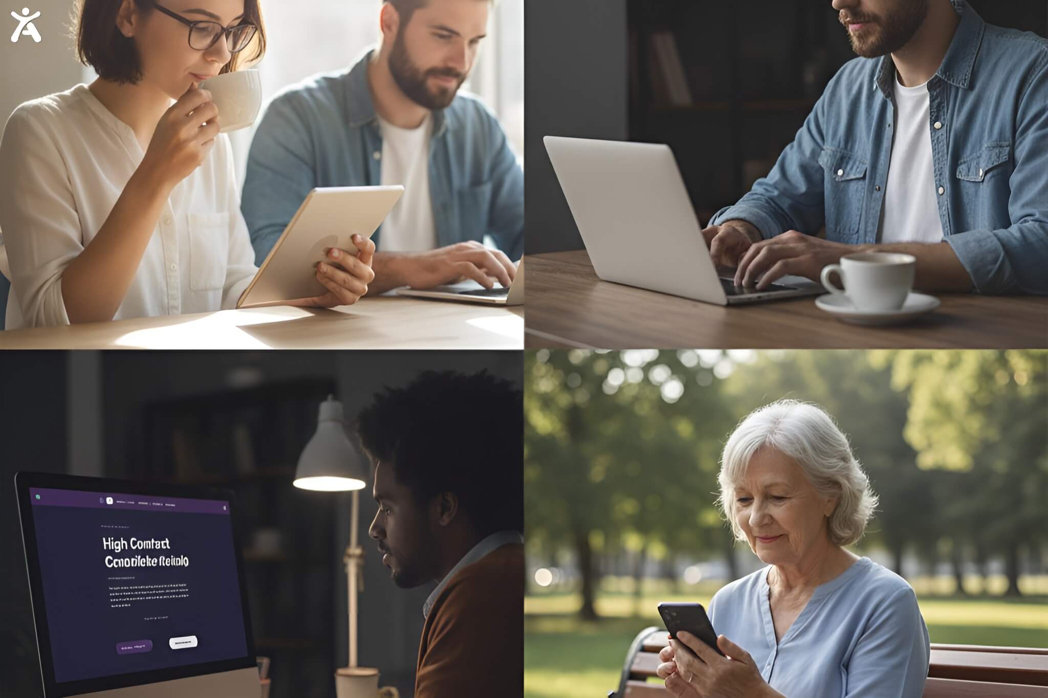  People with different visual needs using a high-contrast website designed for inclusive and readable user experiences.