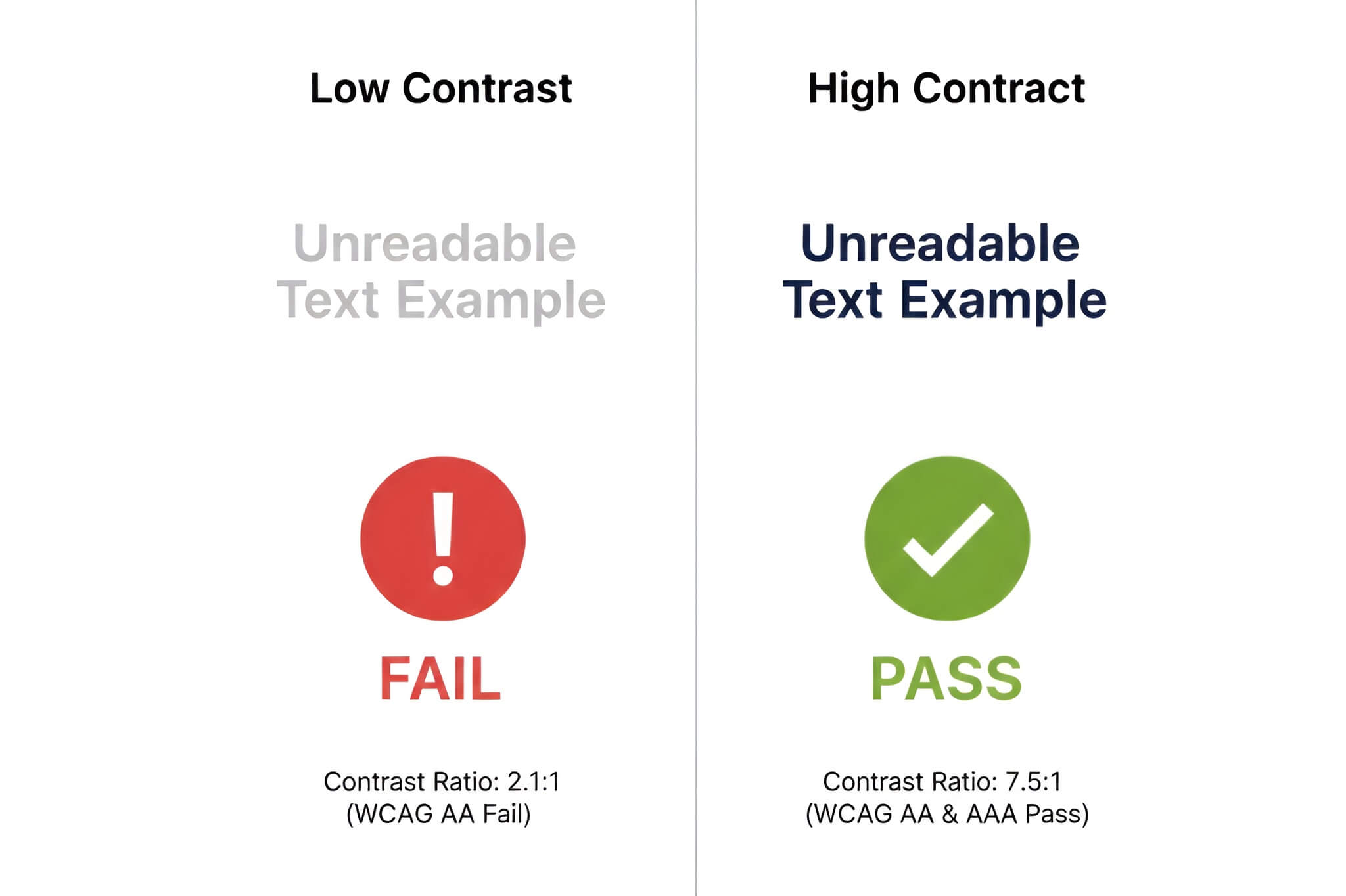 A split-screen UI comparison showing a web accessibility color checker audit; the left side displays unreadable light grey text (Fail), while the right side shows clear, high-contrast navy text on a white background (Pass).