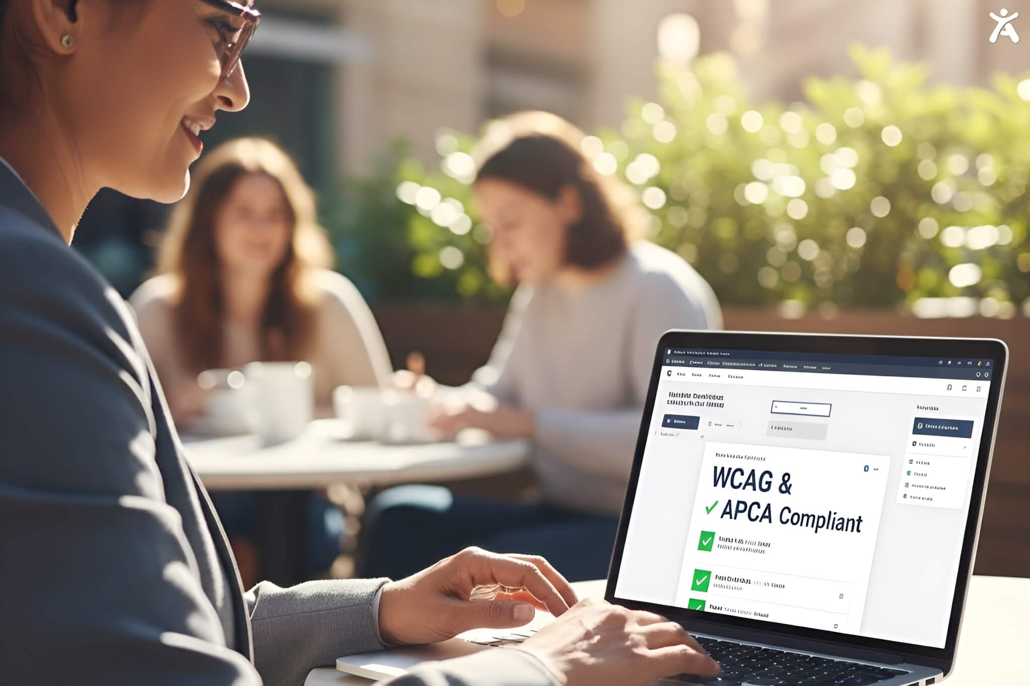 A professional using a laptop in a bright, high-glare outdoor cafe, demonstrating how high contrast ratios maintain readability and usability even in challenging lighting conditions