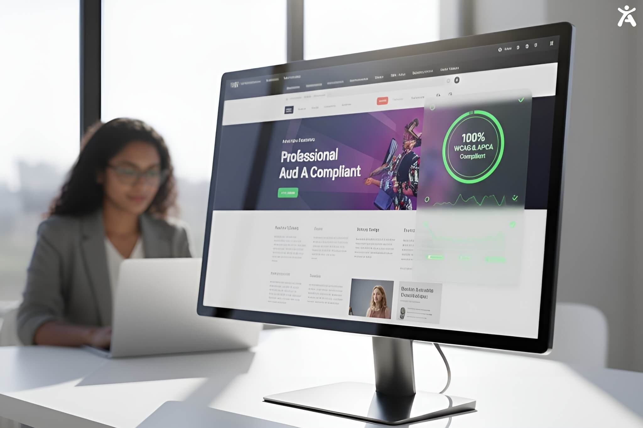 A high-end workspace with a sleek monitor in a sunlit room, displaying an Accessify.app dashboard that indicates 100% WCAG and APCA color contrast compliance with clear green status indicators.