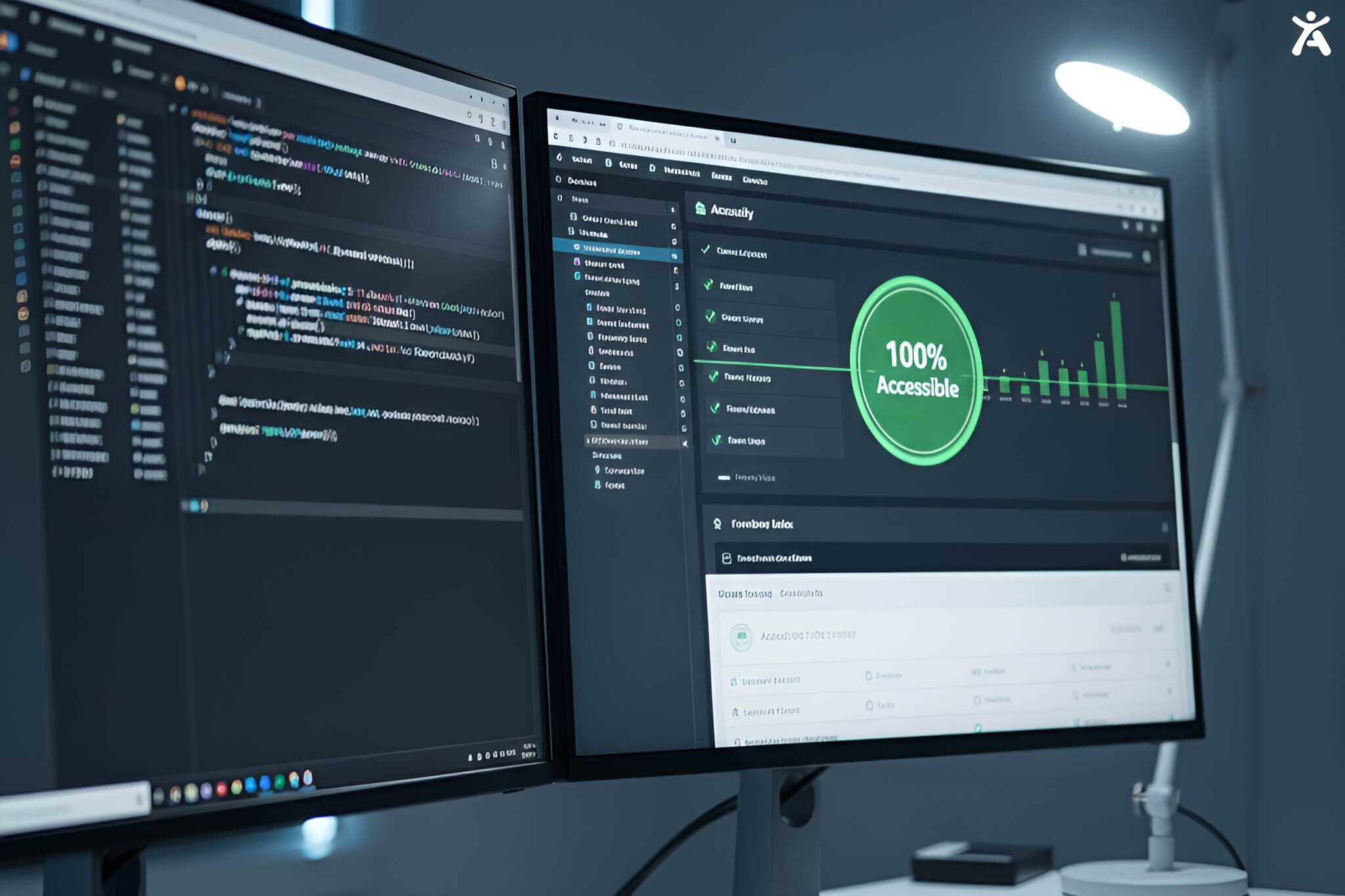 A developer’s desk featuring a monitor with source code and a secondary screen showing an Accessify.app accessibility audit report, highlighting the integration of compliance tools directly into the development workflow