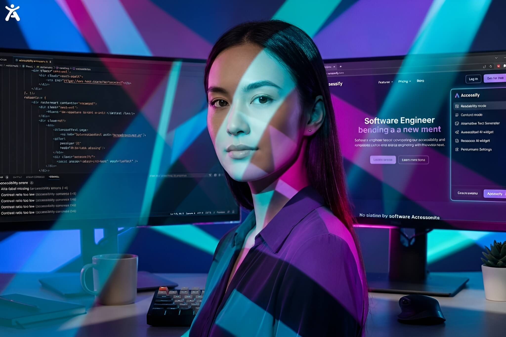 A professional developer workstation showing a comparison between manual accessibility coding and an automated AI accessibility widget.