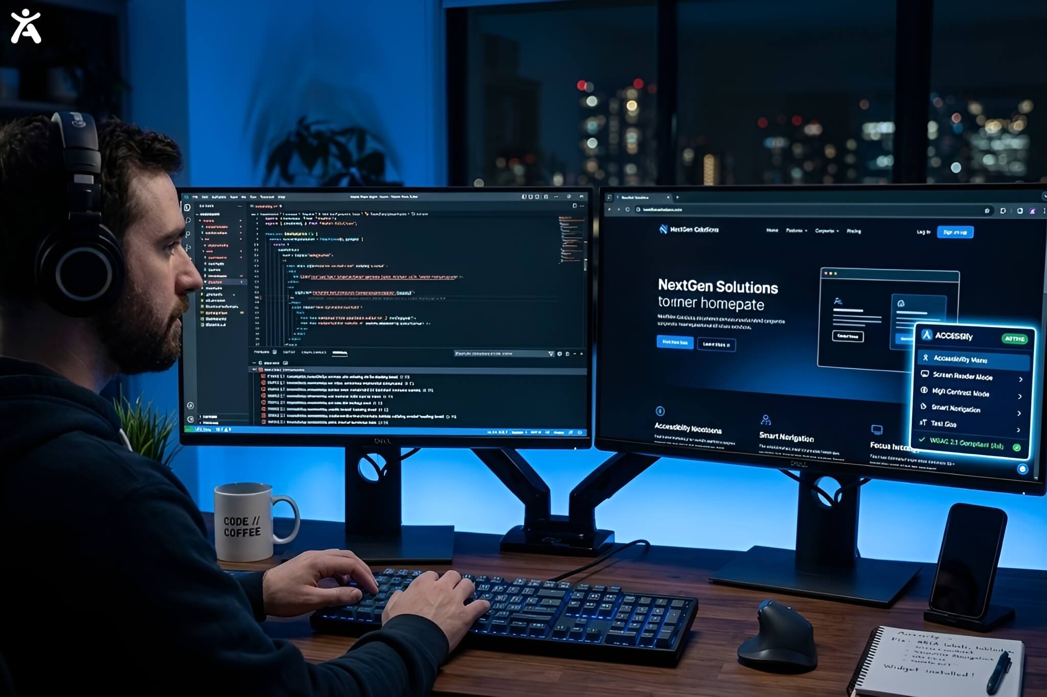 A professional developer workstation showing a comparison between manual accessibility coding and an automated AI accessibility widget.