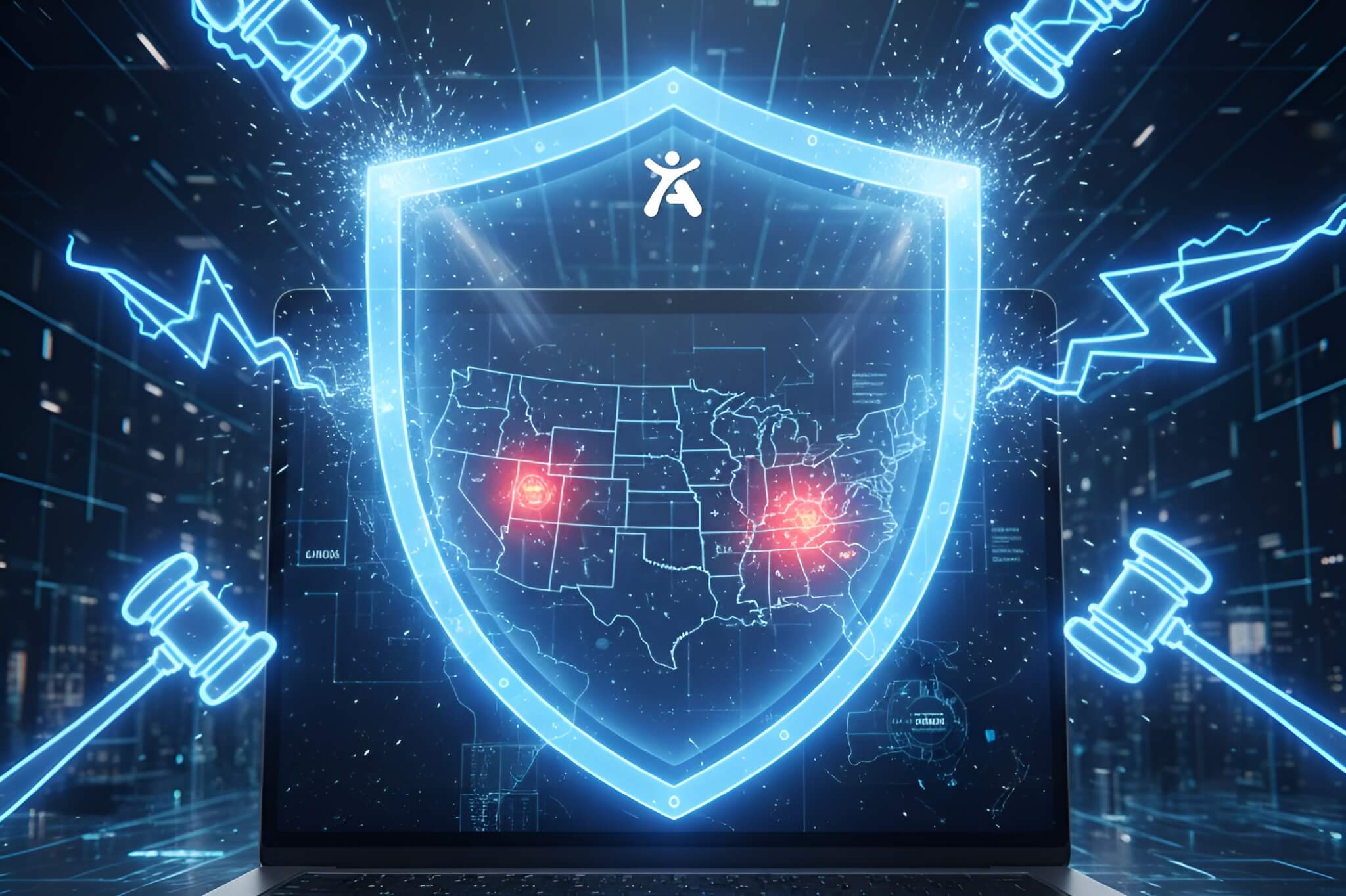 A digital illustration of a protective shield over a laptop, representing enterprise risk management and ADA compliance against a surge of web accessibility lawsuits in 2026
