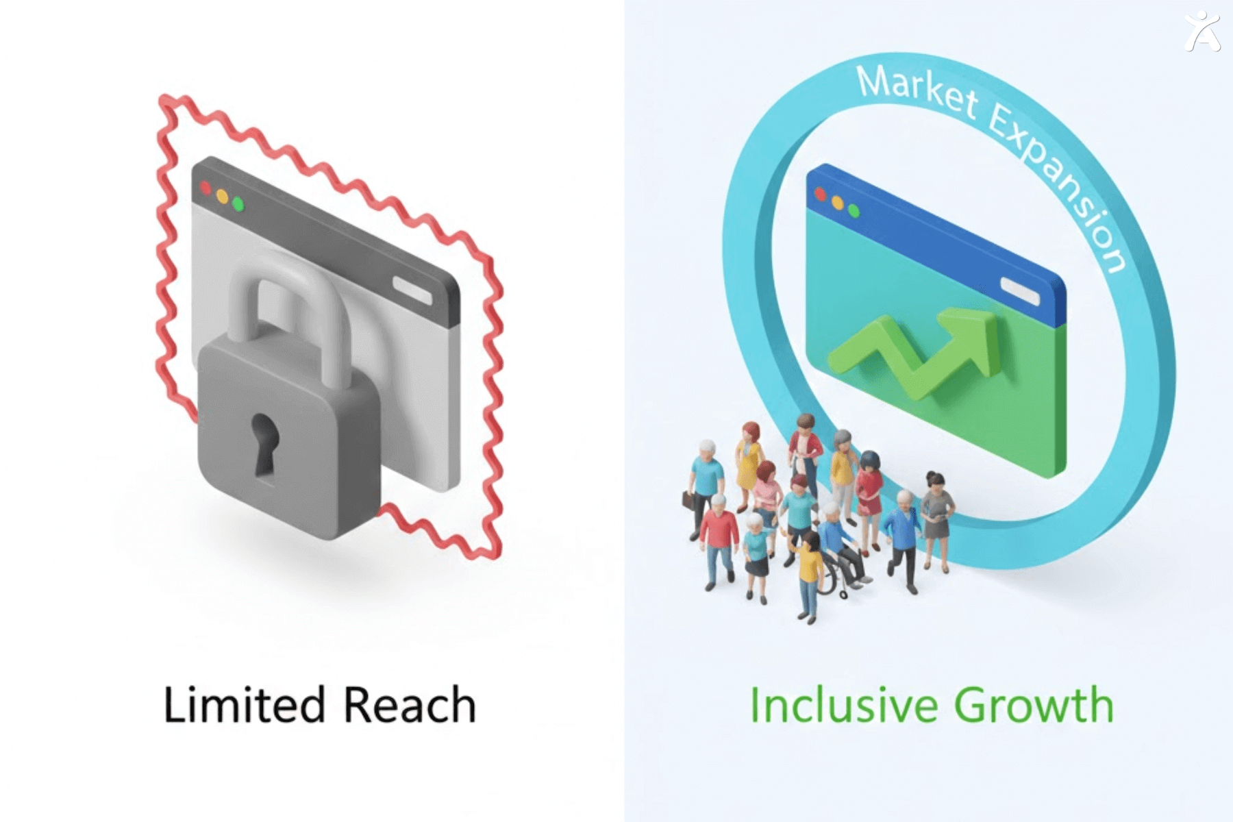 Conceptual 3D illustration showing how web accessibility compliance unlocks new markets and drives organic traffic growth for SMEs.