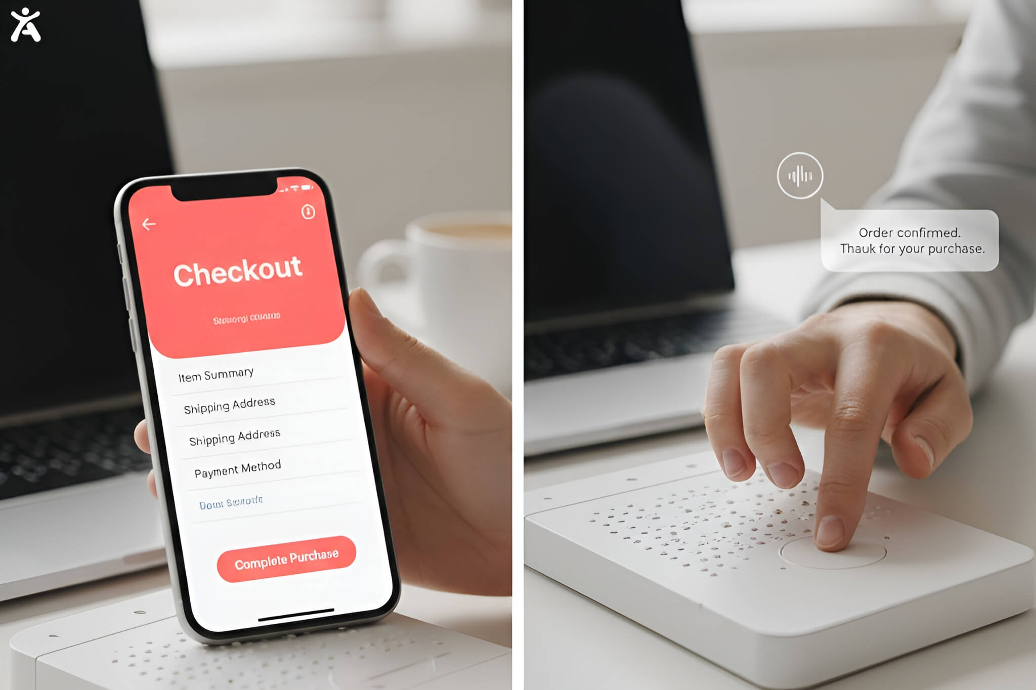 A diverse user navigating an e-commerce checkout flow using assistive technology, illustrating the importance of accessible retail journeys to prevent legal risk and lost conversions.