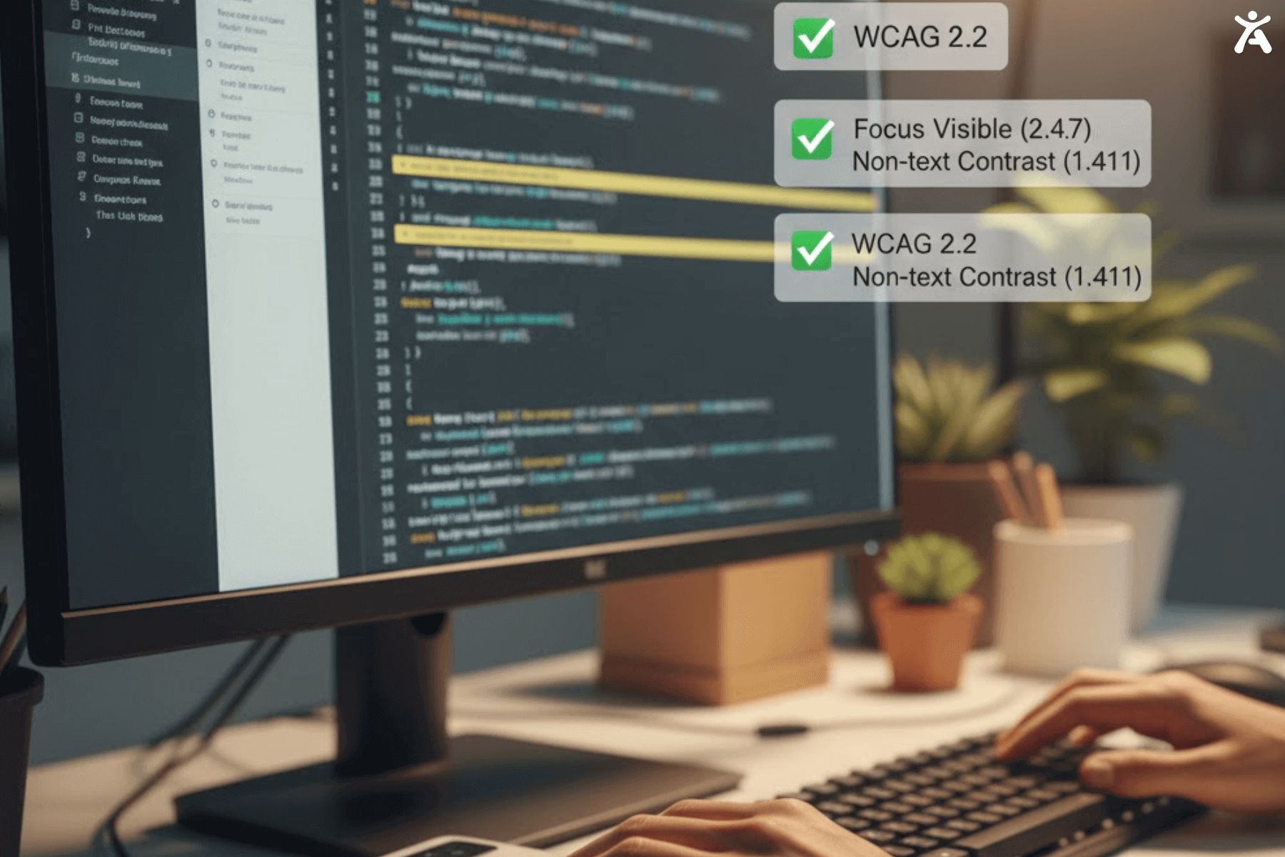 Close-up of an IAAP-certified specialist performing a manual web accessibility audit using a braille display and screen reader technology.