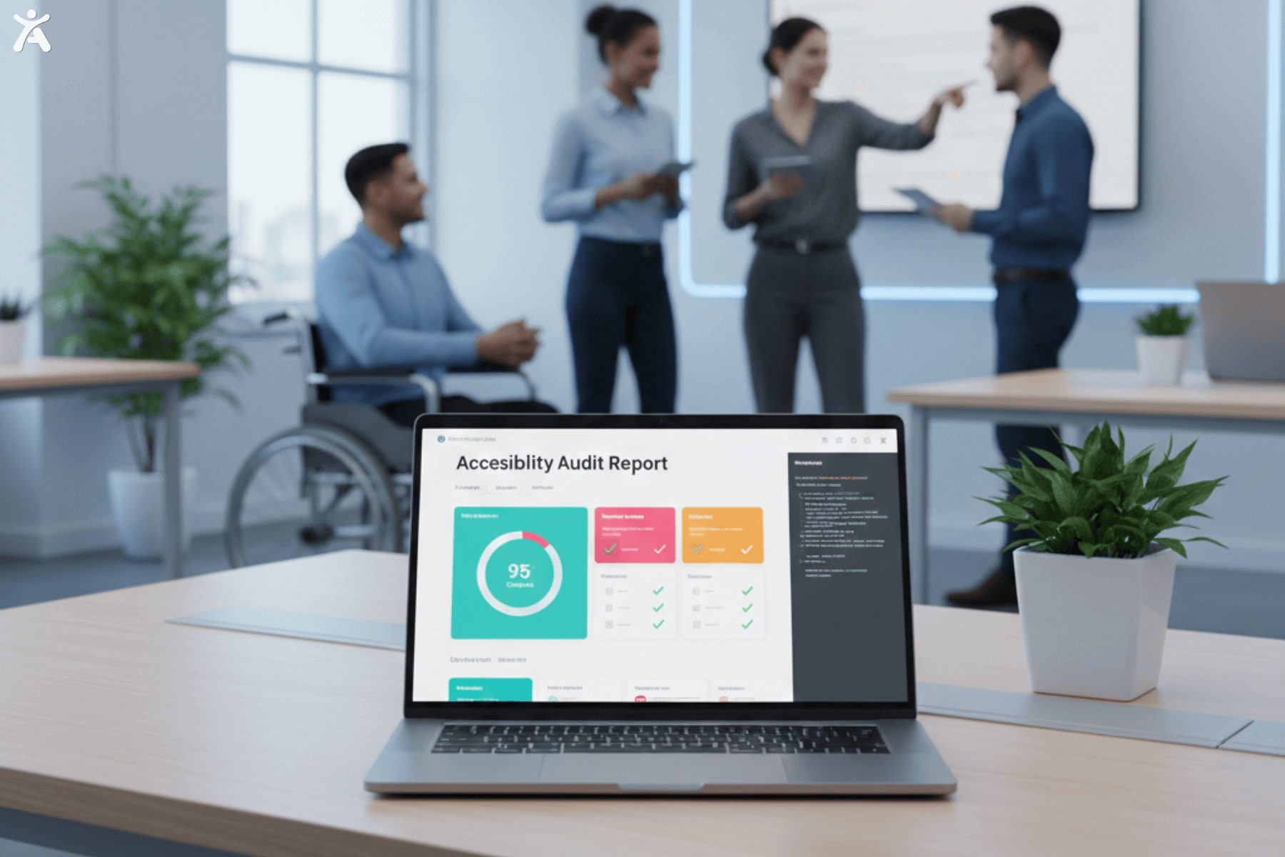 A professional digital dashboard showing a web accessibility audit progress bar and compliance icons on a laptop screen in a bright, inclusive office setting.