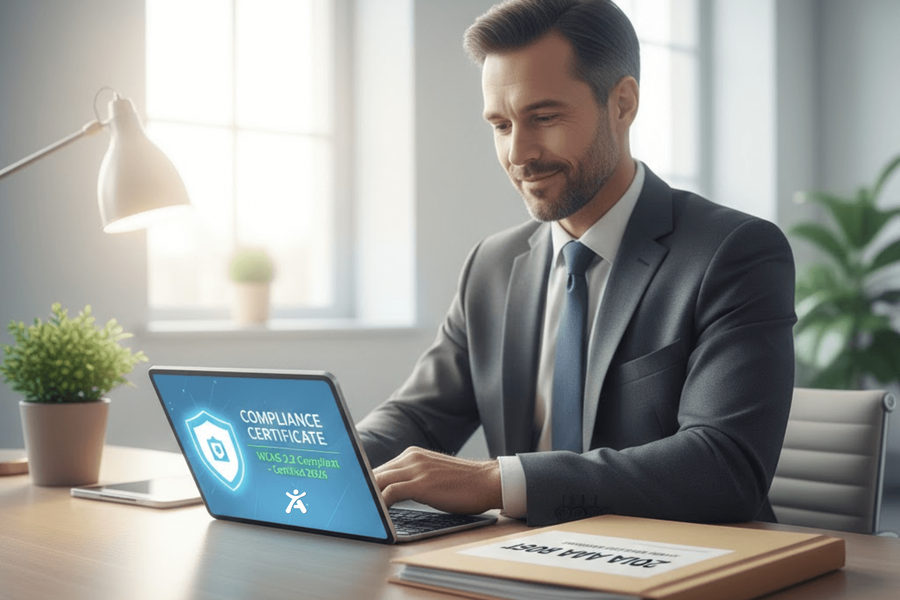 A business owner reviewing an accessibility audit report and compliance certificate to protect their company from ADA litigation and legal risks.
