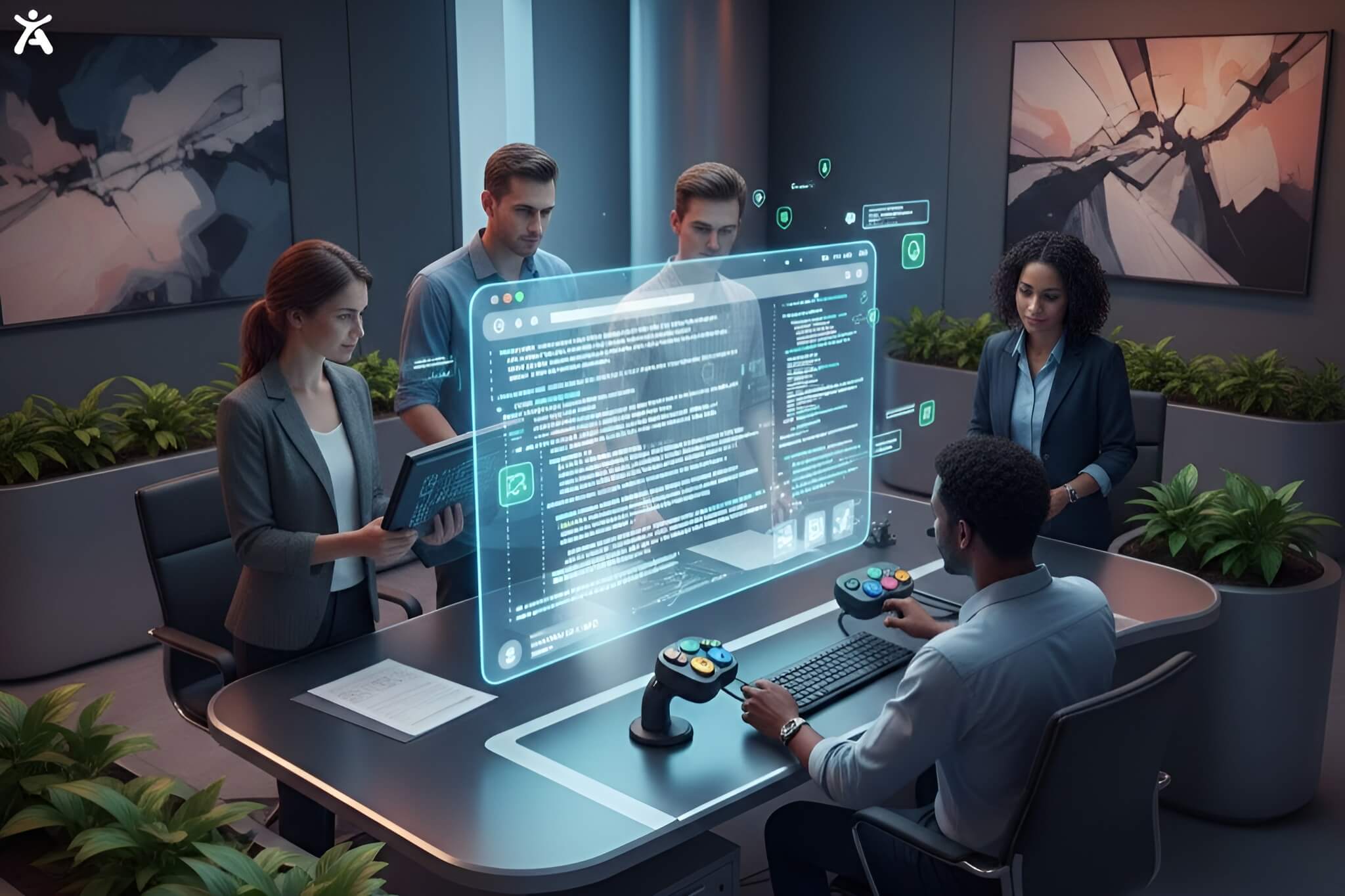 Professional 3D render of a diverse group of developers (including individuals using screen readers and specialized controllers) collaborating around a glowing, holographic web interface