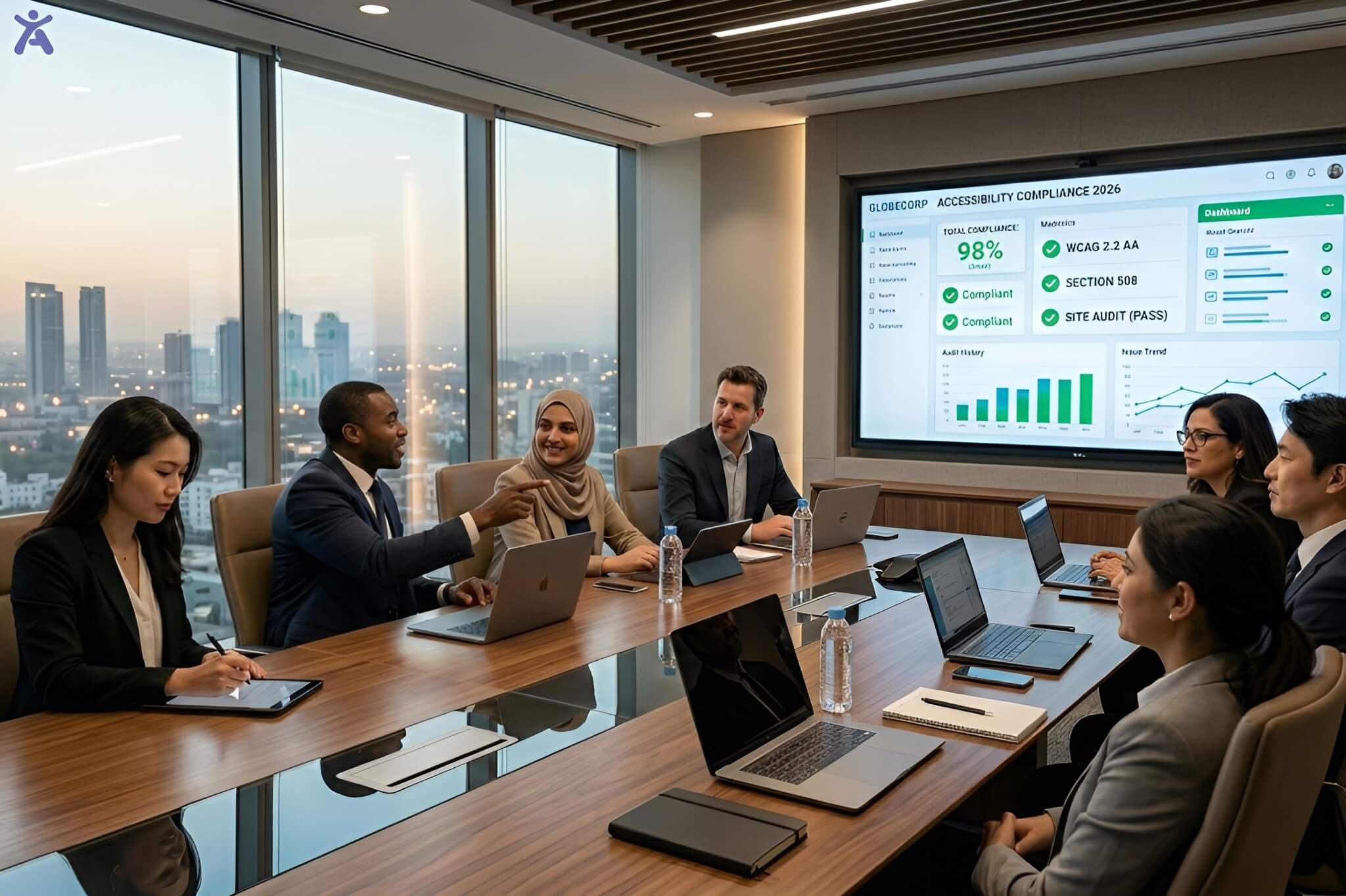 A diverse corporate team reviewing a web accessibility compliance dashboard in a modern office setting.