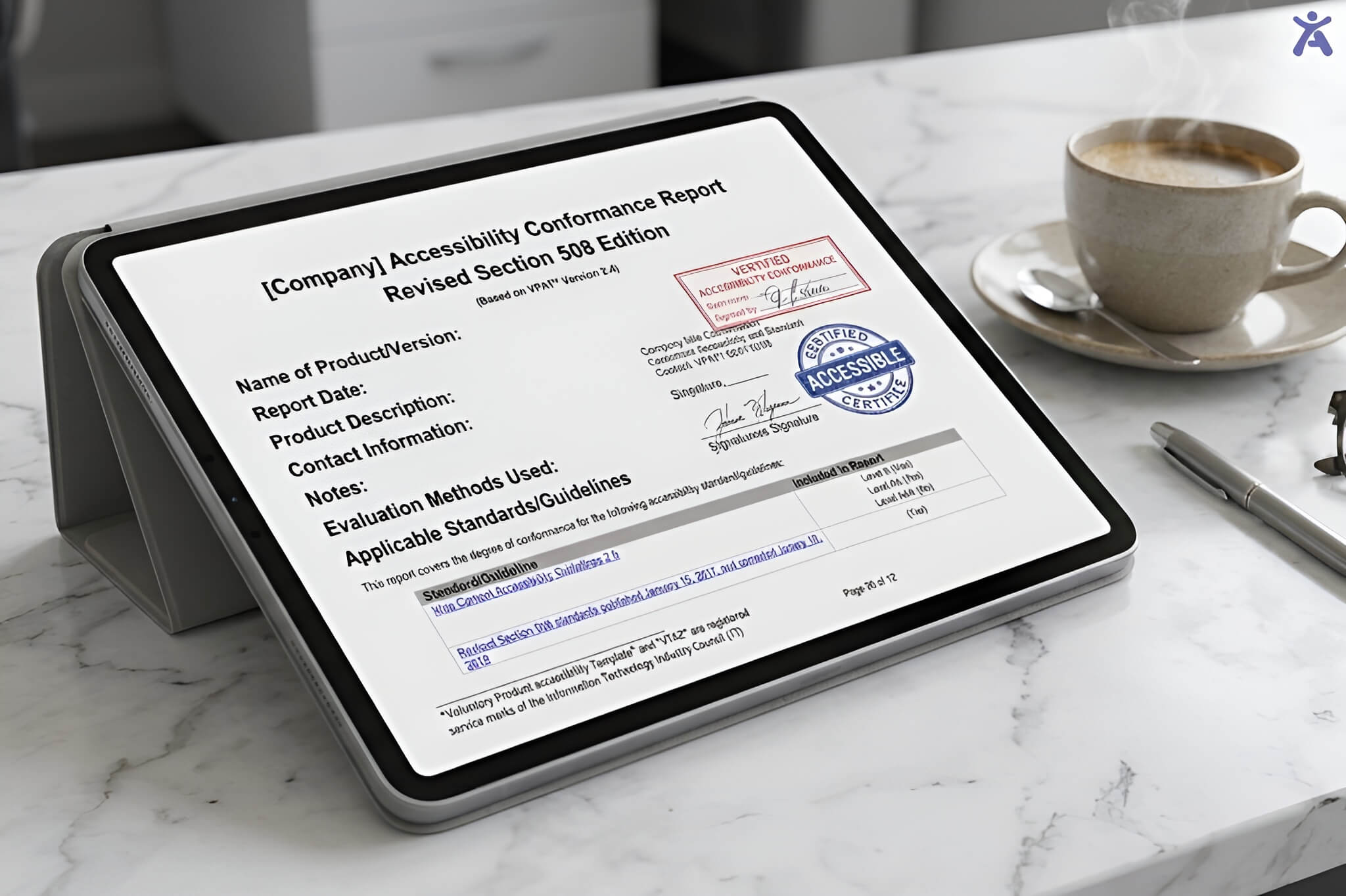A digital tablet showing a completed VPAT ACR document, a critical deliverable for enterprise accessibility compliance.