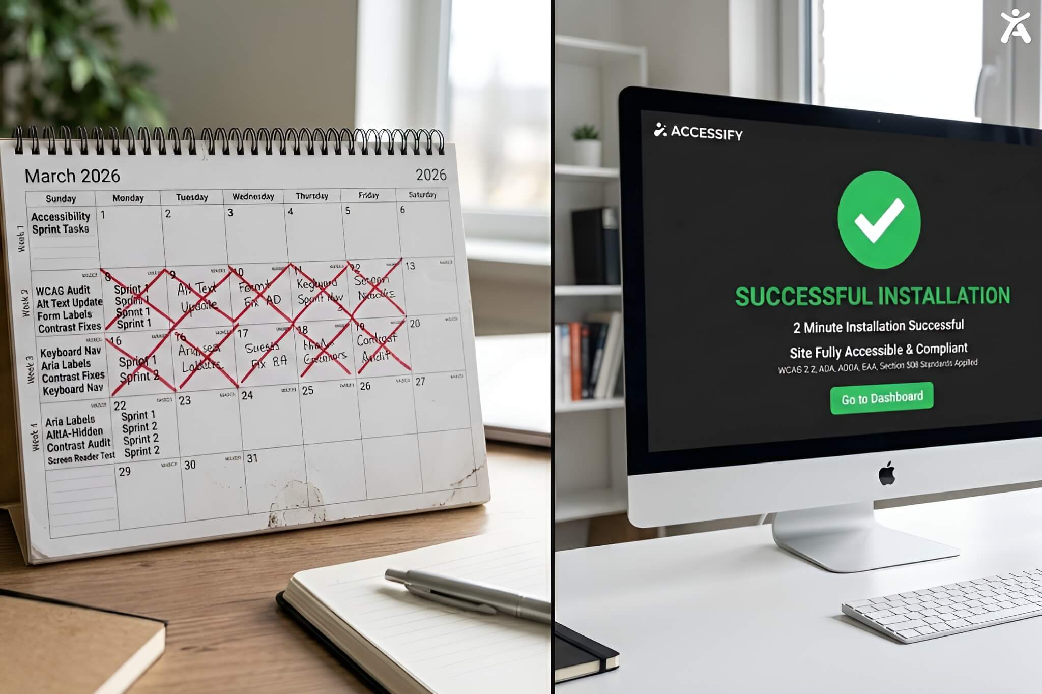 Comparison of a long manual remediation backlog versus a quick 2-minute AI widget installation.