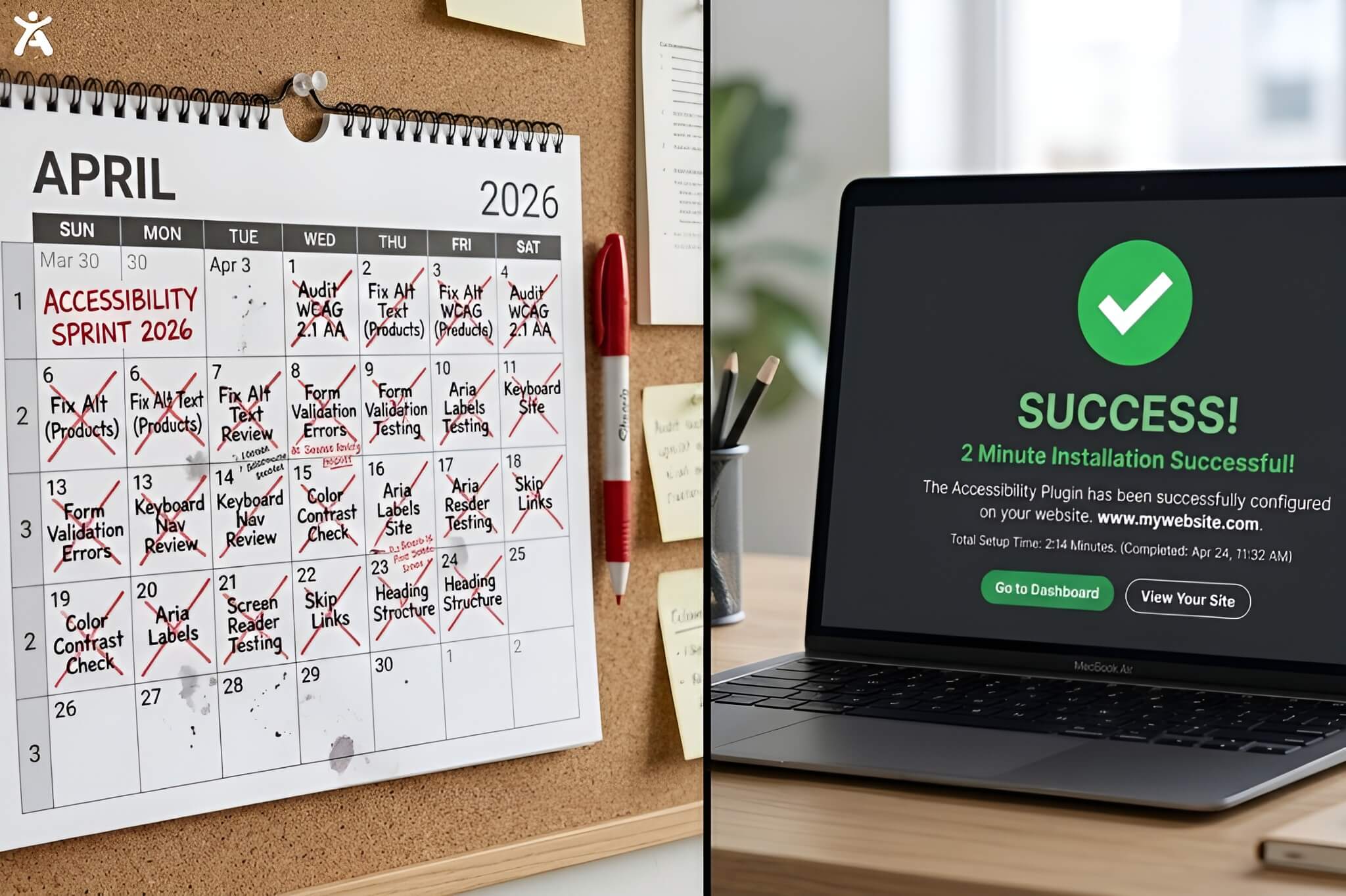 Conceptual split-screen showing the time difference between months of manual accessibility fixes and a 2-minute AI widget installation.